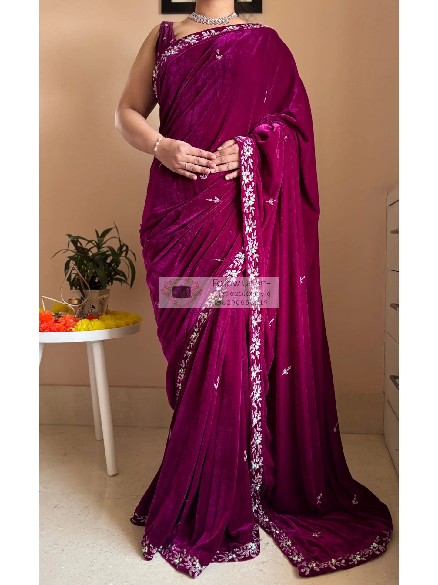 wine velvet receiption saree