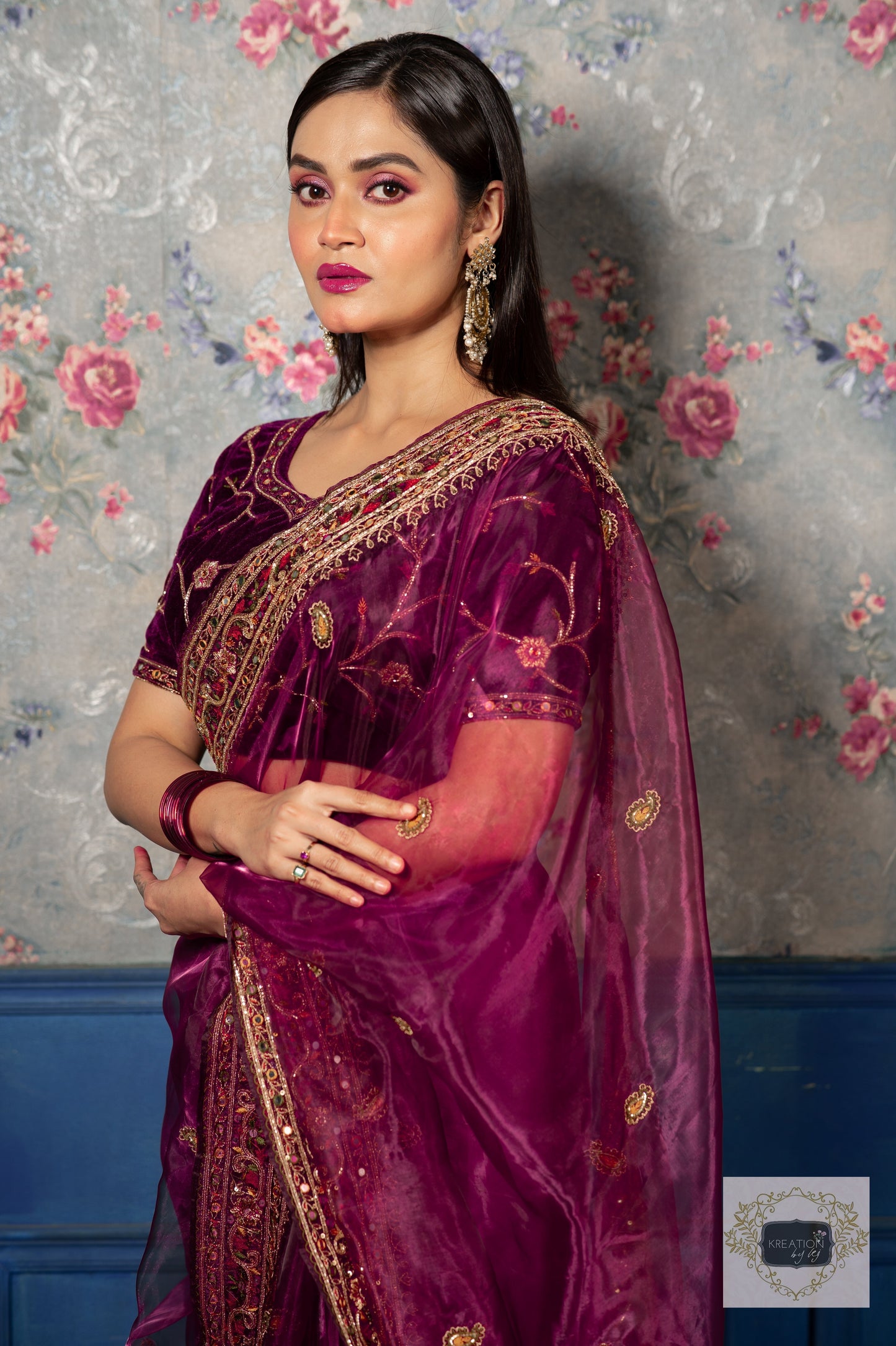 Purple Wine Velvet Bridal Blouse With Floral Design kreationbykj