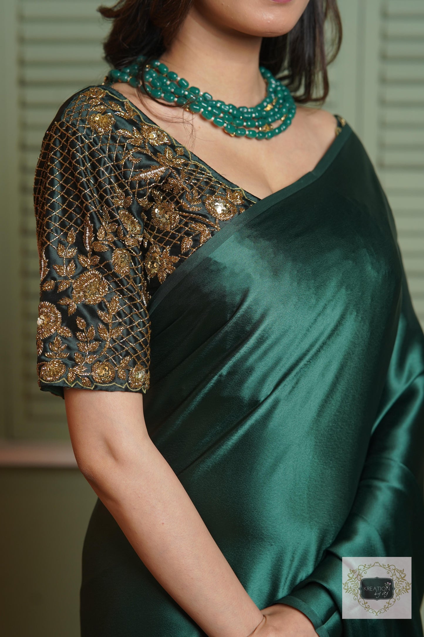 Dark Green Floral Bridal Cutdana Jaal Blouse Piece kreationbykj
