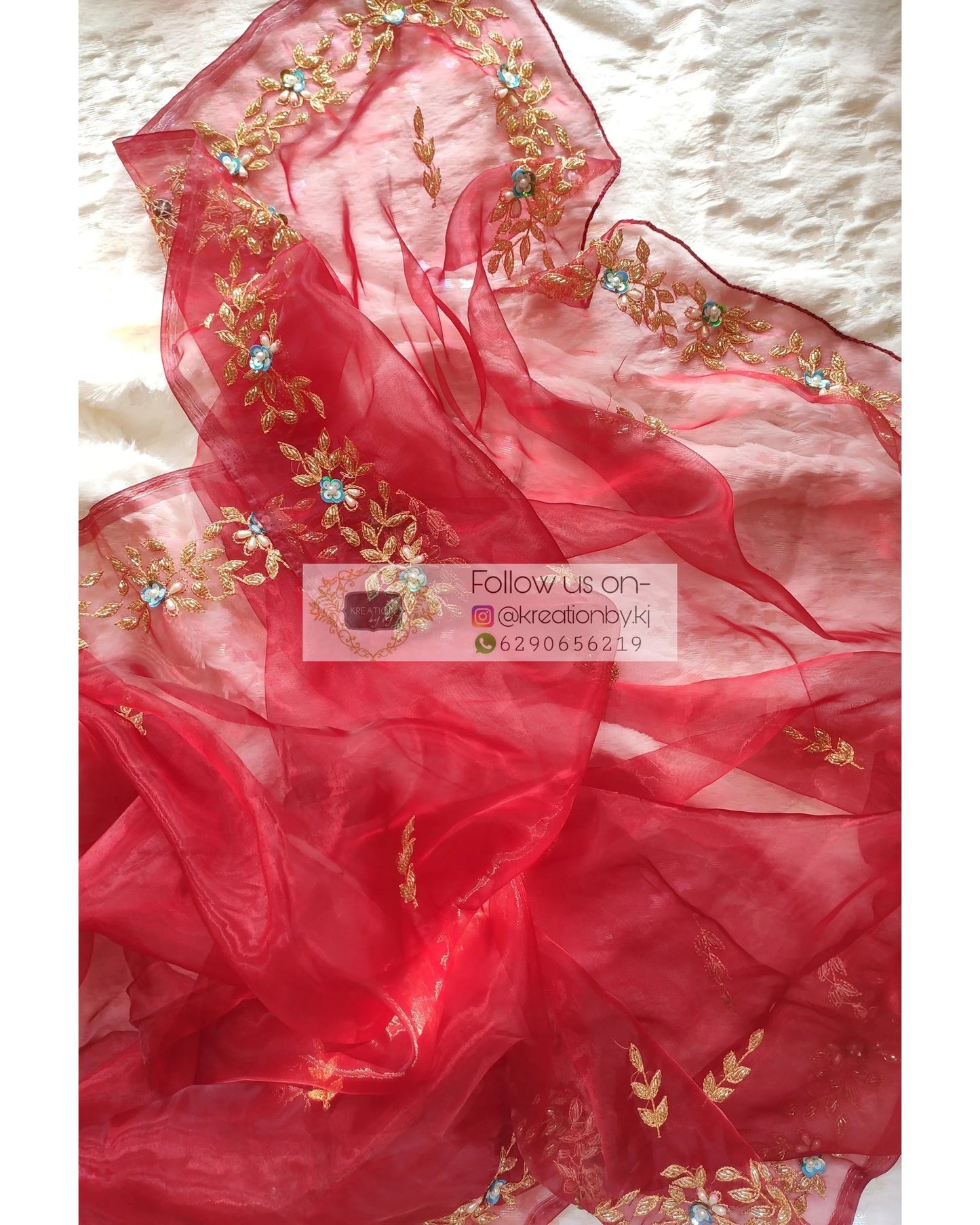 Red Glass Tissue Chandani Dupatta - kreationbykj