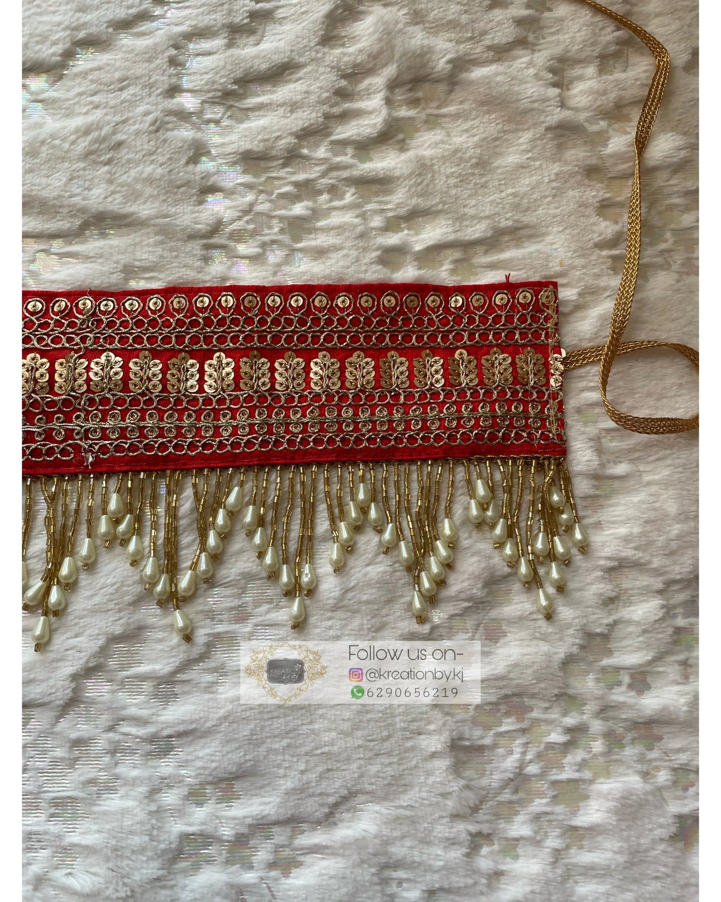 Red Bridal Waist Belt with Pearl Tassels - kreationbykj