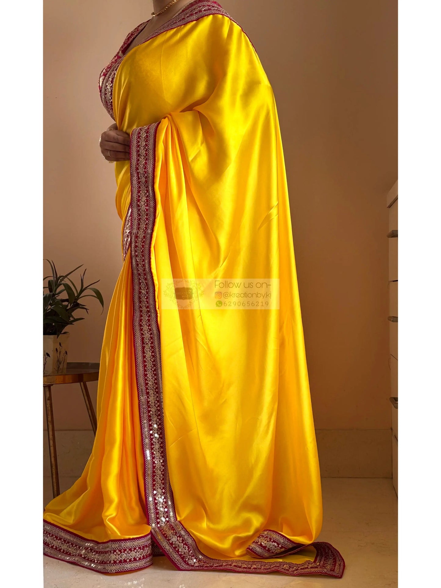 Yellow Satin Silk Saree with Pink Border - kreationbykj