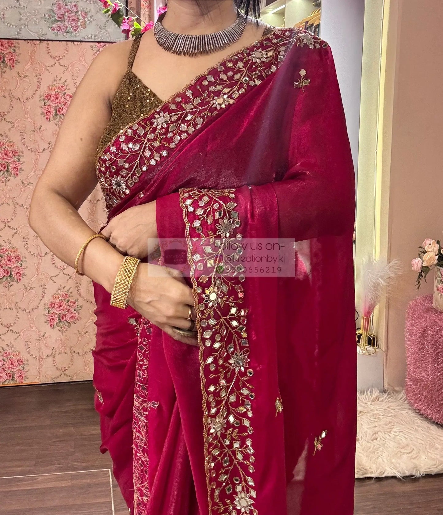 Fuchsia Pink Sheesh Mahal Saree kreationbykj