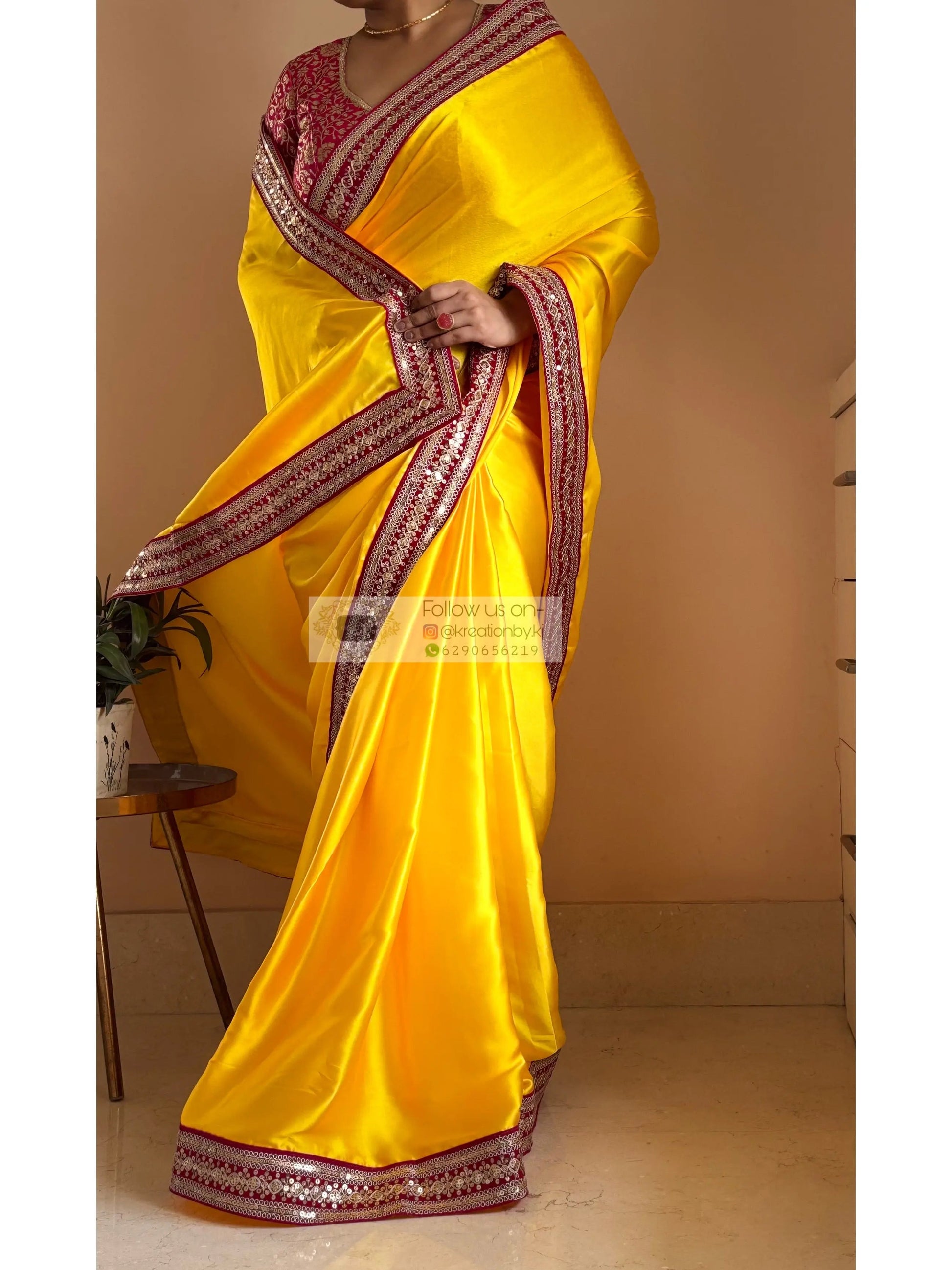 Yellow Satin Silk Saree with Pink Border - kreationbykj