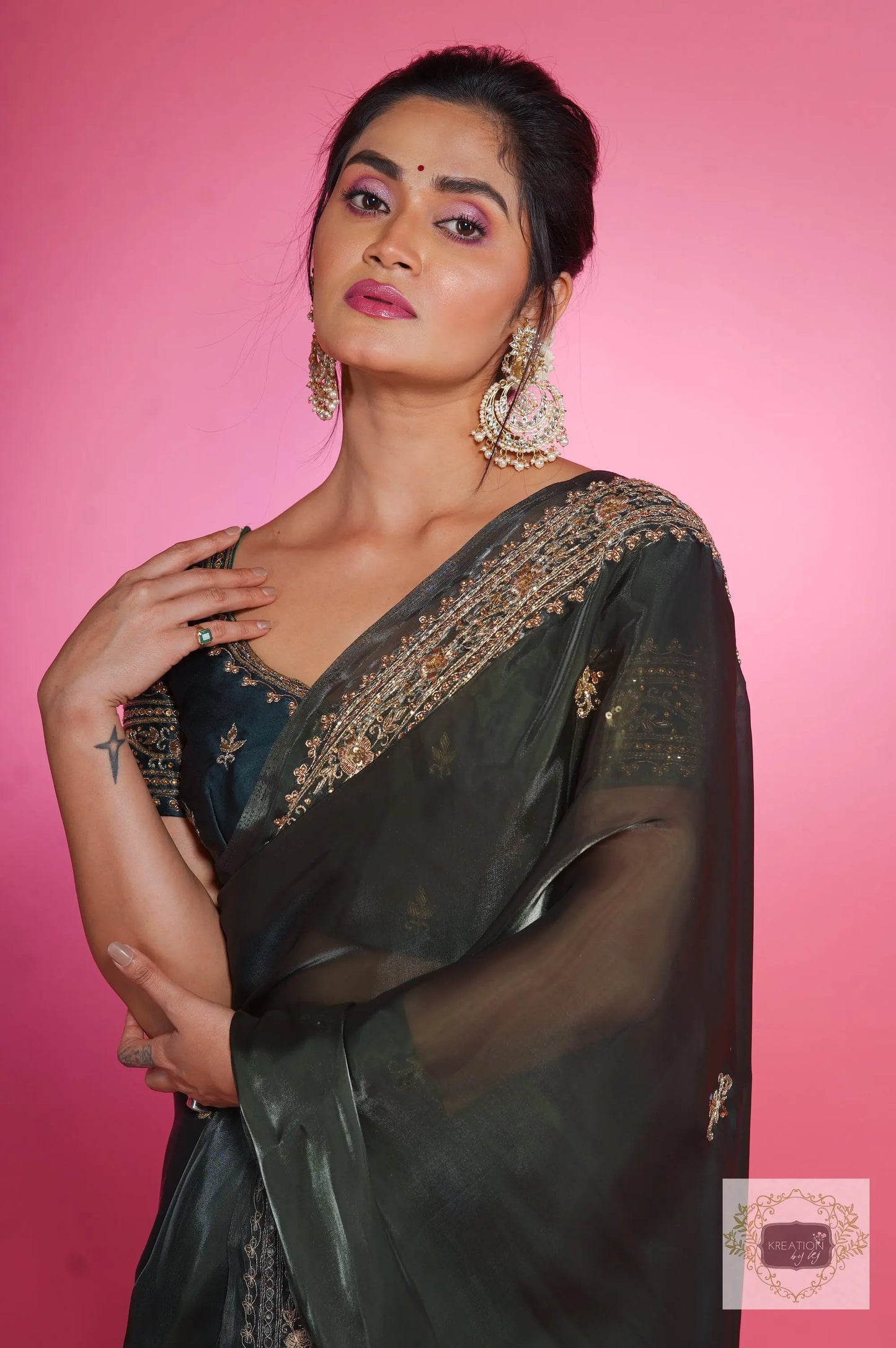 Dark Green Zarina Glassy Organza Saree kreationbykj