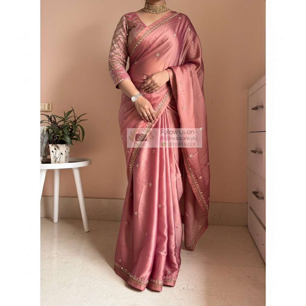 Summer Mauve Pink Handembroidered Saree Kreation by KJ