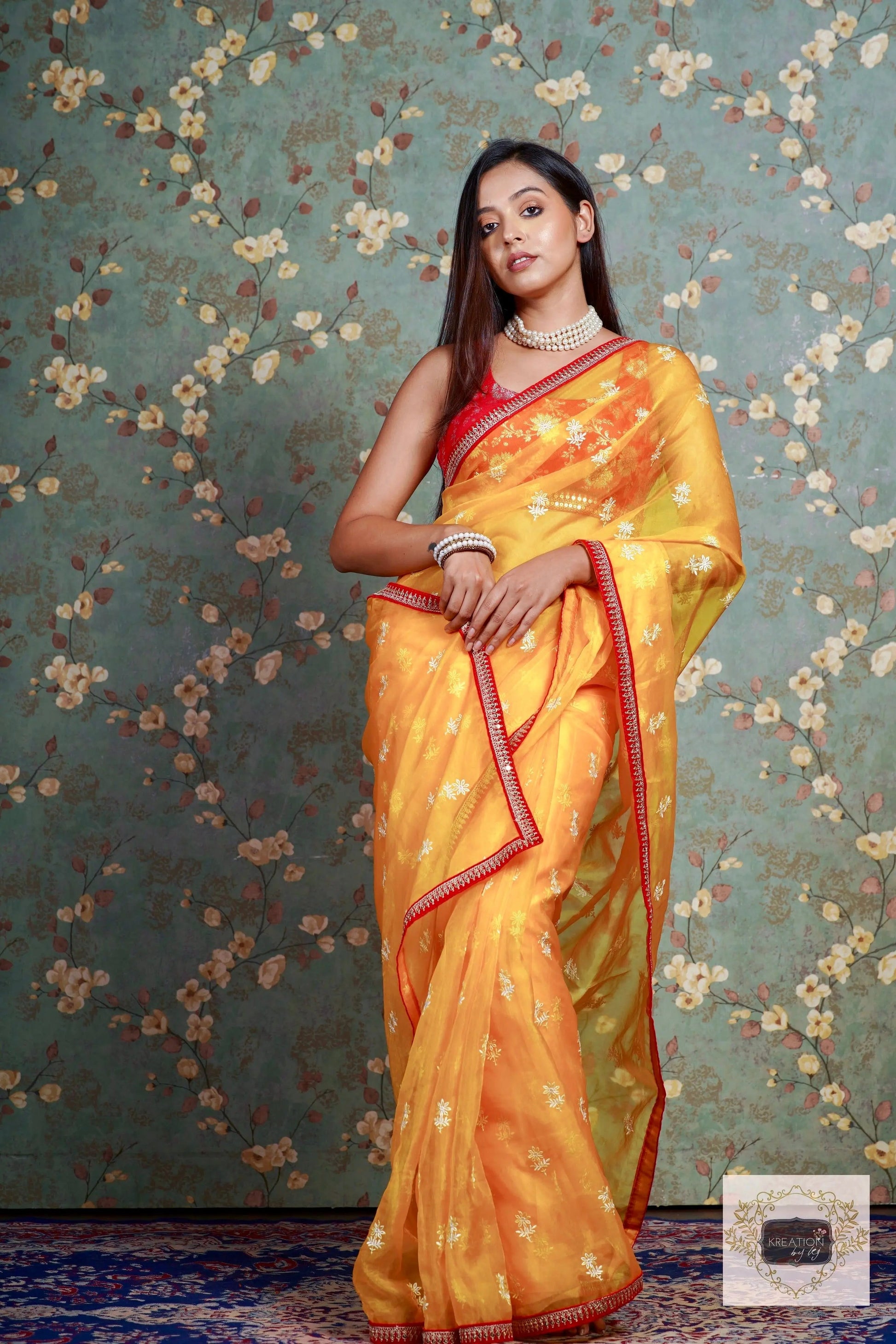 Yellow Snow Drop Organza saree For Haldi kreationbykj