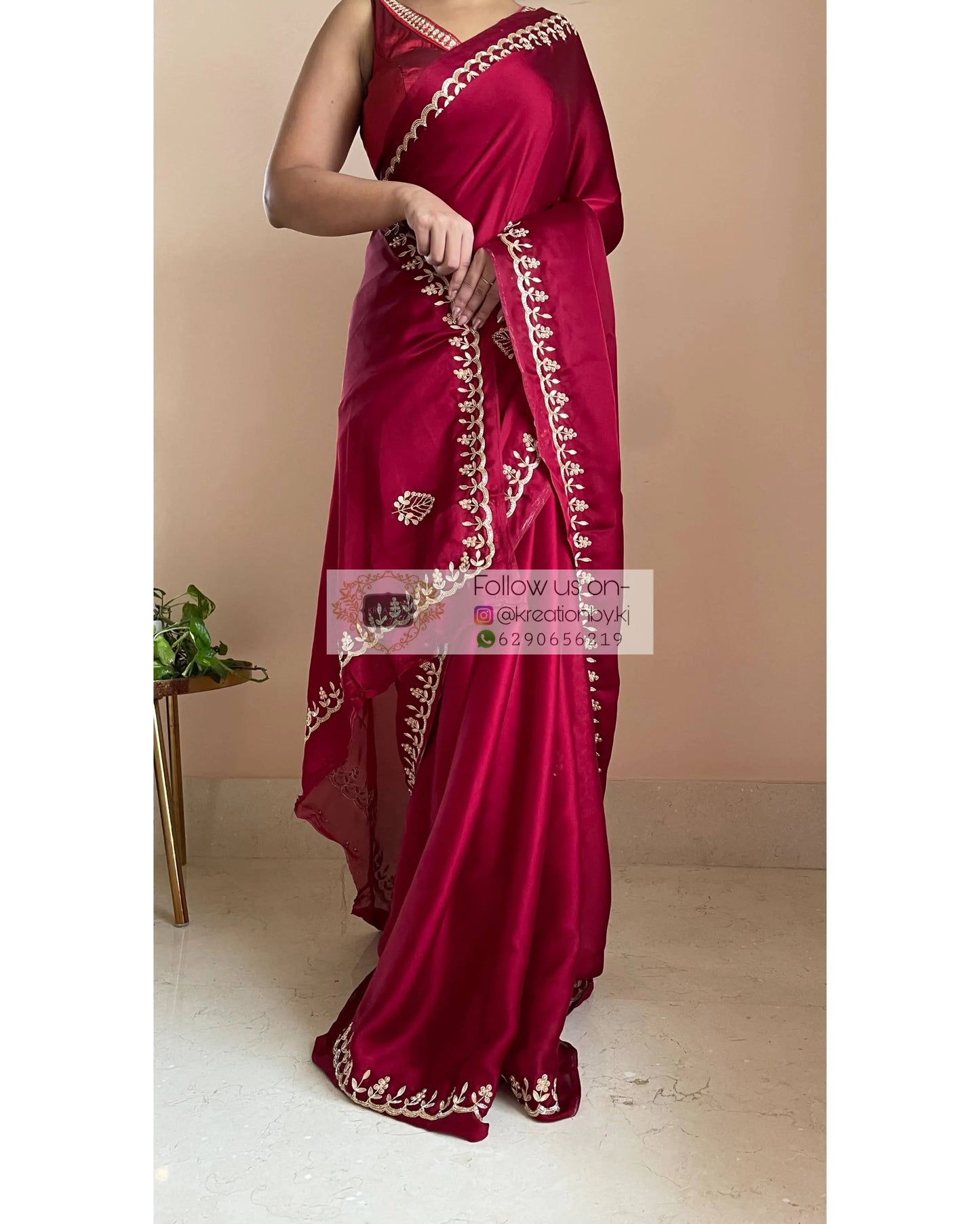 Maroon Crepe Silk Saree With Gota Patti Border - kreationbykj