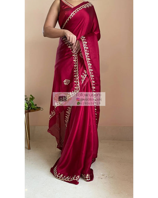 Maroon Crepe Silk Saree With Gota Patti Border - kreationbykj