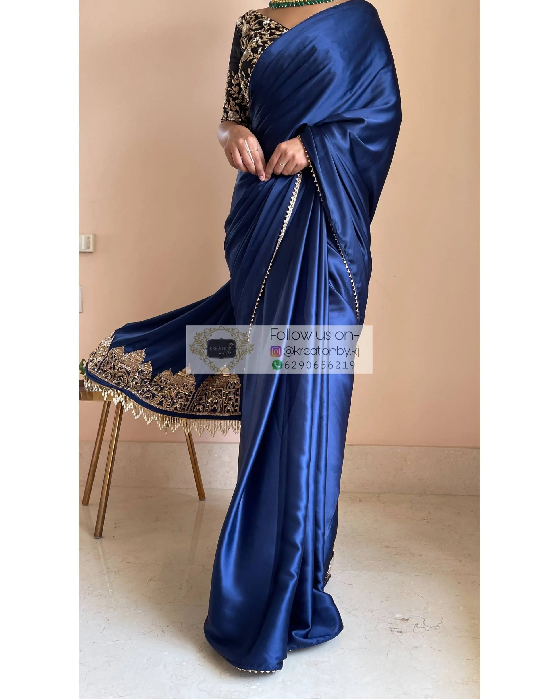 Navy Blue Satin Silk Taj Mahal Saree - kreationbykj