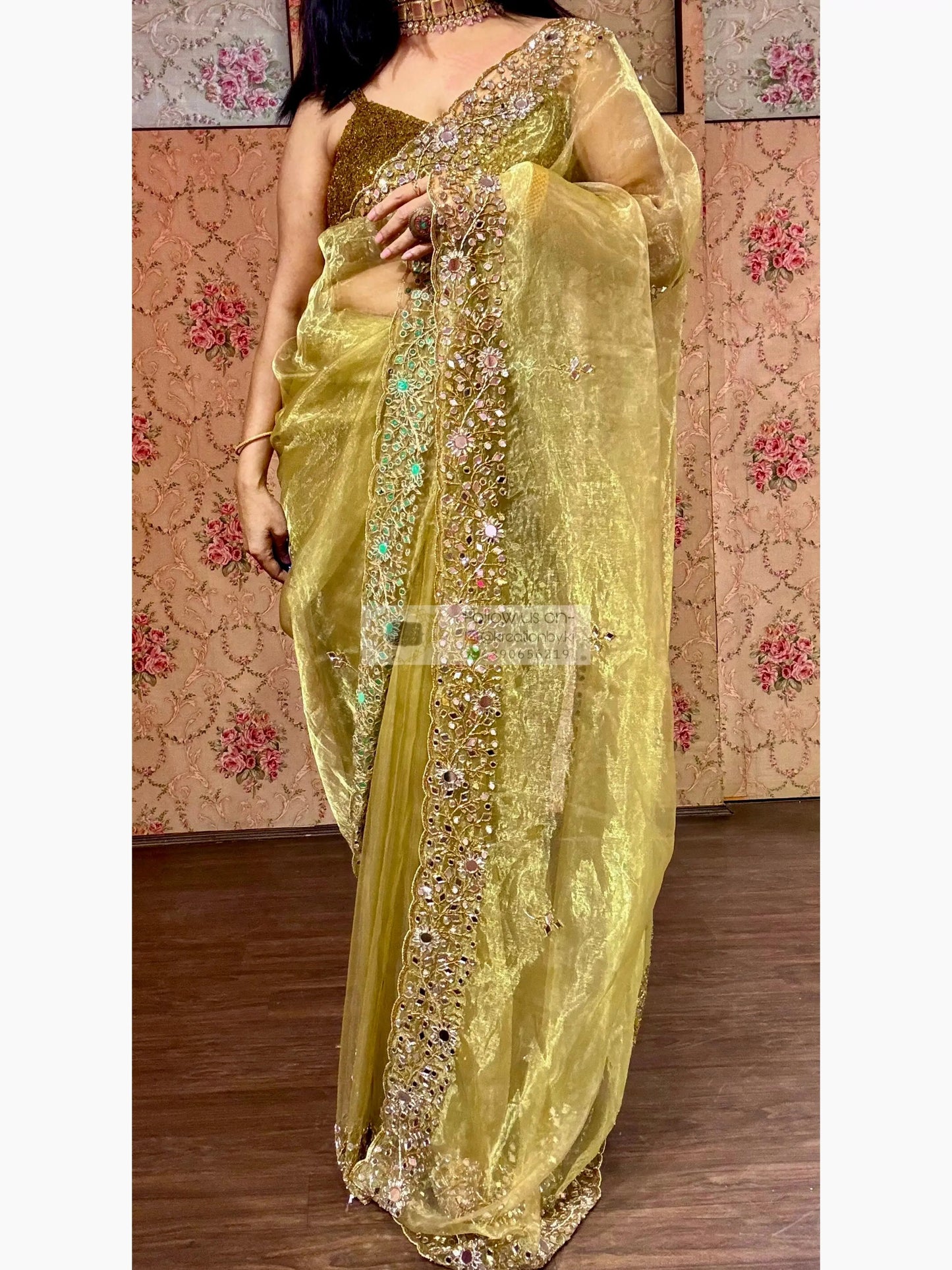 Pista Green Sheesh Mahal Mirror Work Saree kreationbykj