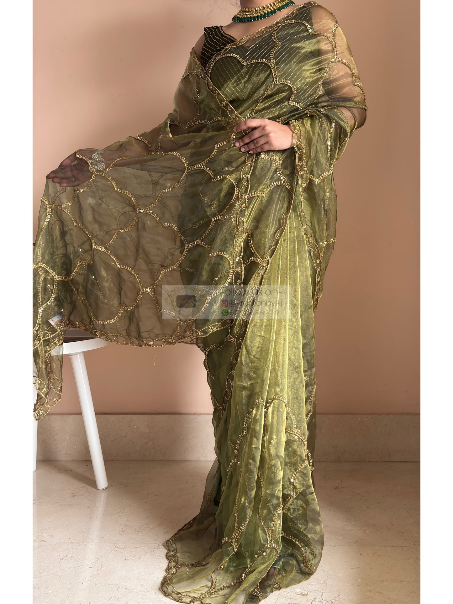 Military Green Chaudhvin ka Chand Saree for Wedding Kreation by KJ