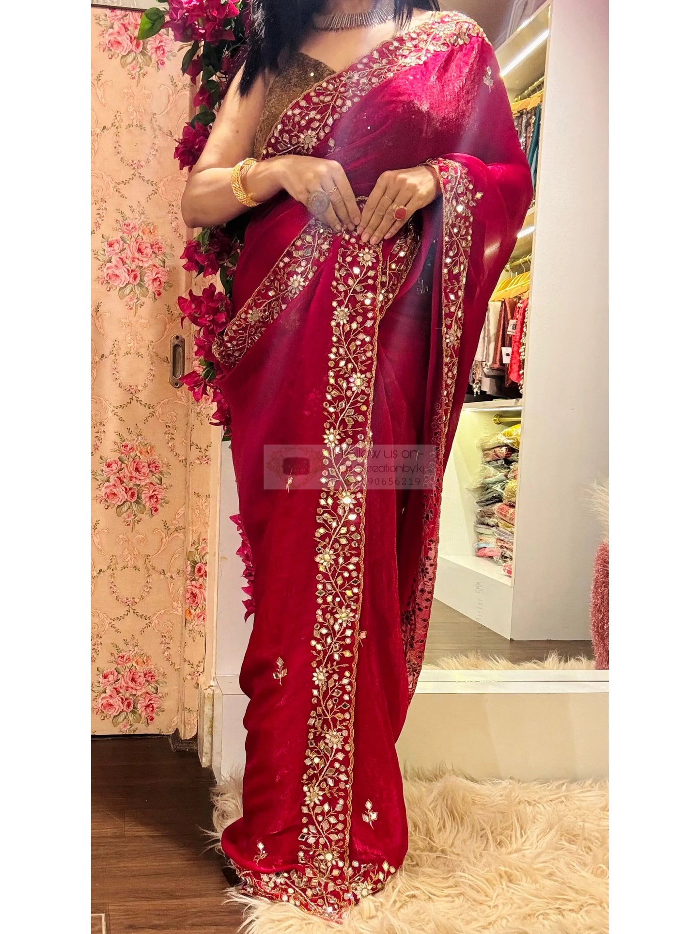 Fuchsia Pink Sheesh Mahal Saree kreationbykj
