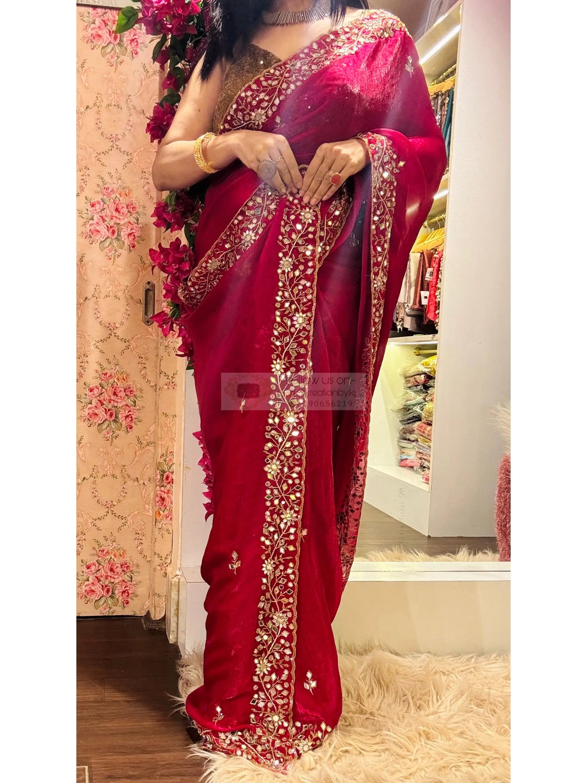 Fuchsia Pink Sheesh Mahal Saree kreationbykj