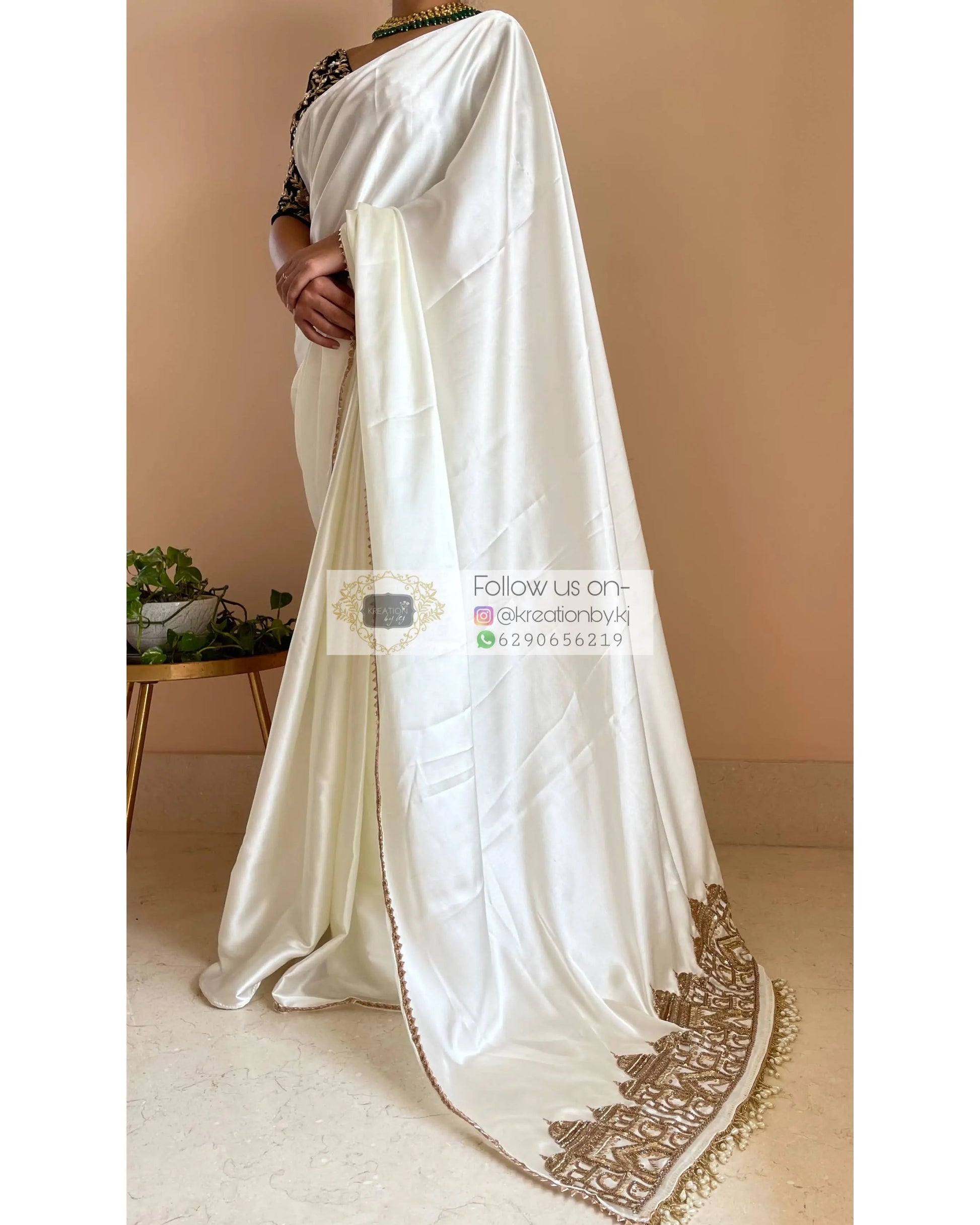 Cream Satin Silk Taj Mahal Saree - kreationbykj