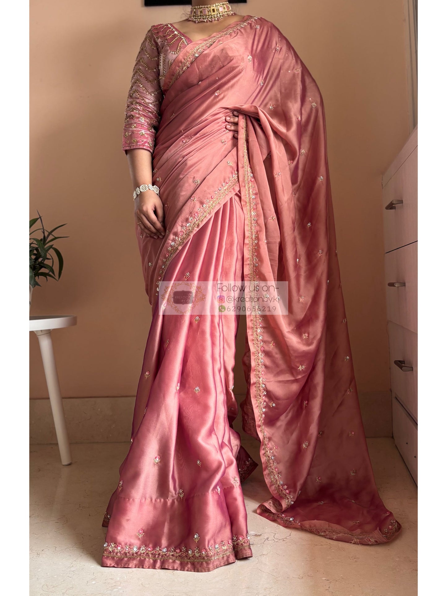 Summer Mauve Pink Handembroidered Saree Kreation by KJ