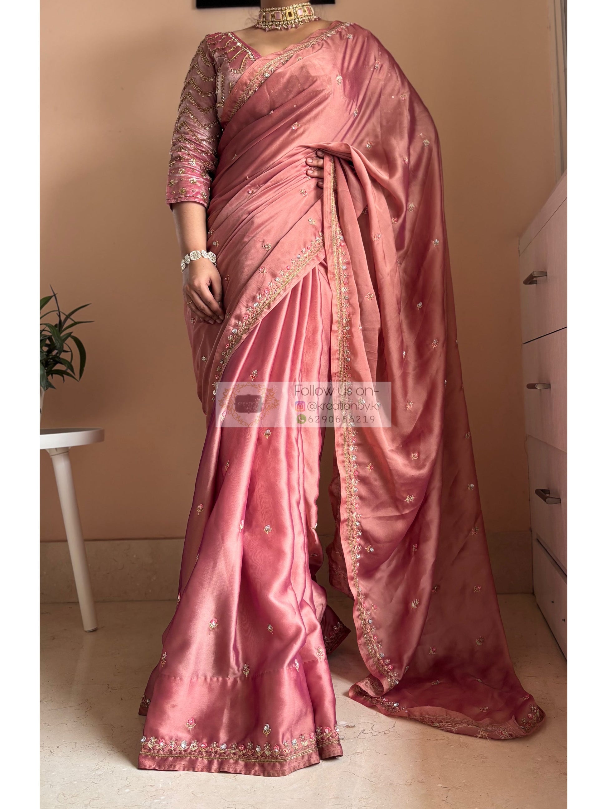 Summer Mauve Pink Handembroidered Saree Kreation by KJ