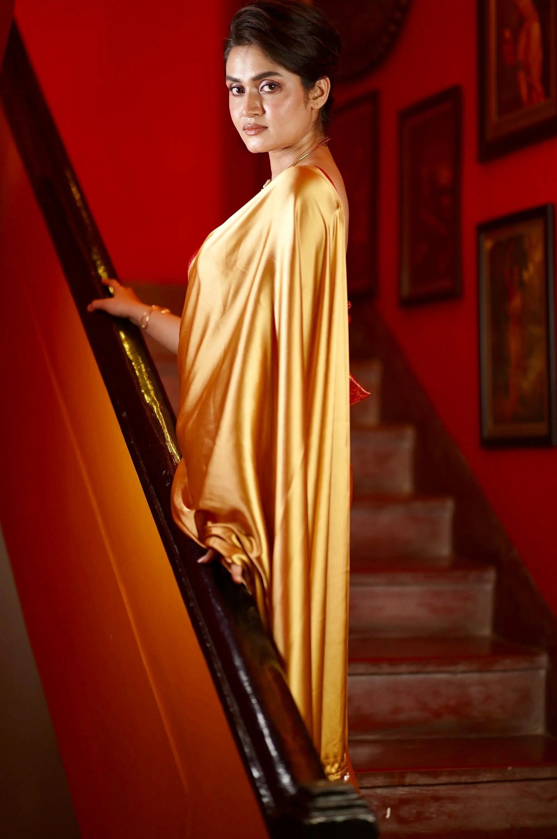 Champagne Gold Satin Saree kreationbykj