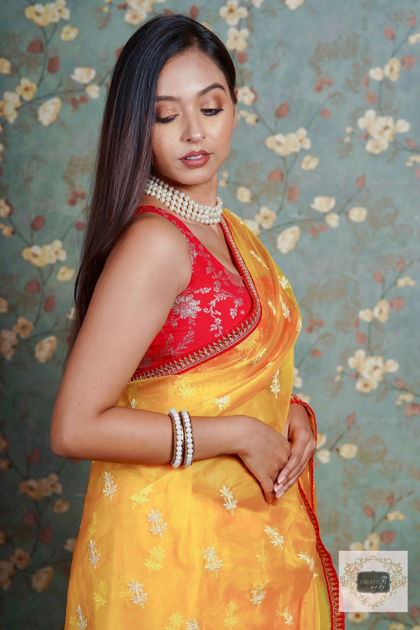 Yellow Snow Drop Organza saree For Haldi kreationbykj