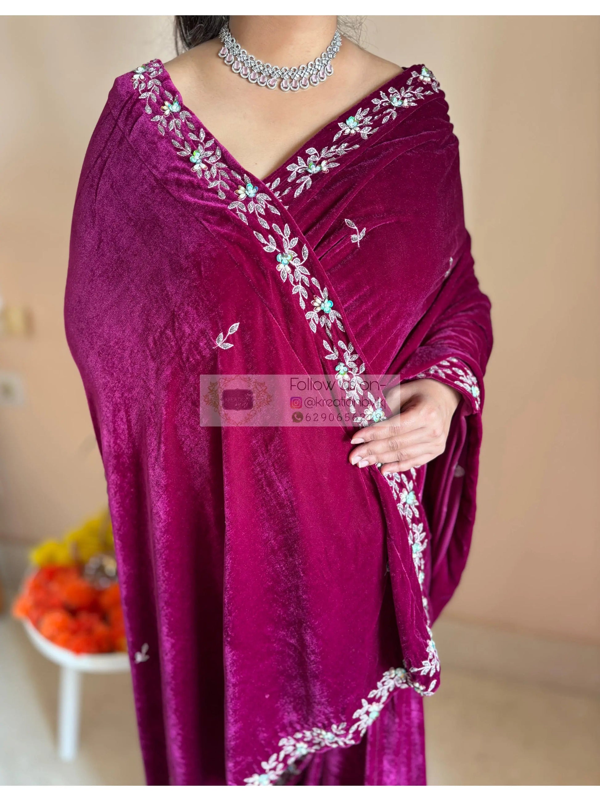 Purple Wine Velvet Chandani Saree with Cutdana Work Kreation by KJ