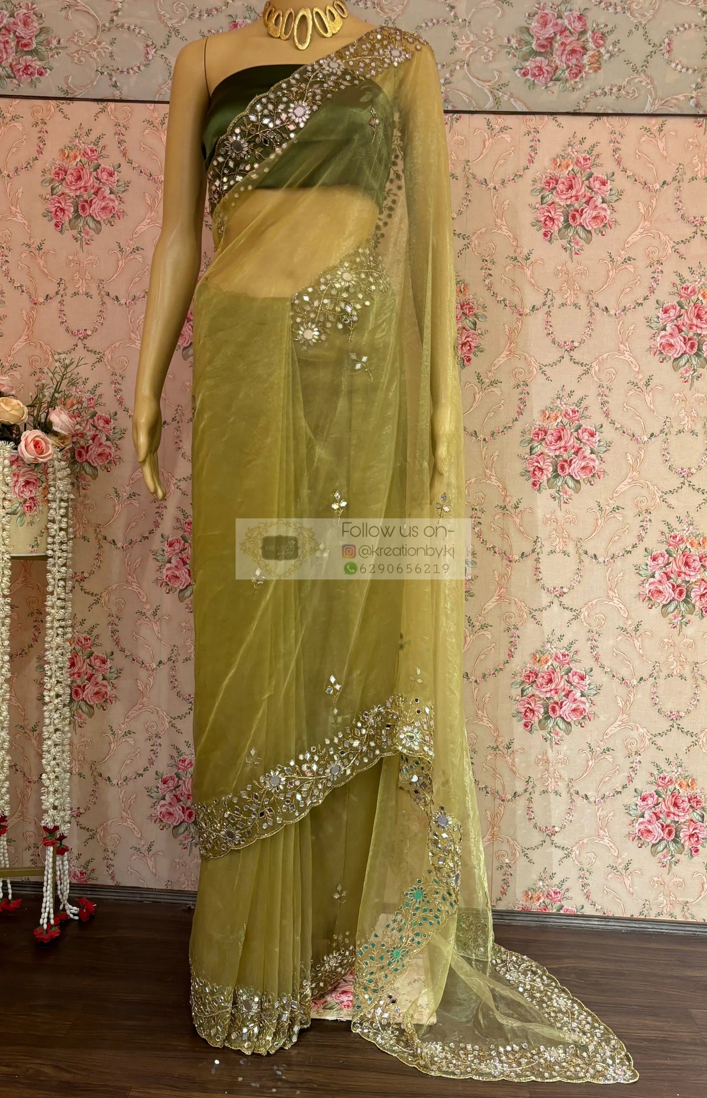Pista Green Sheesh Mahal Mirror Work Saree kreationbykj