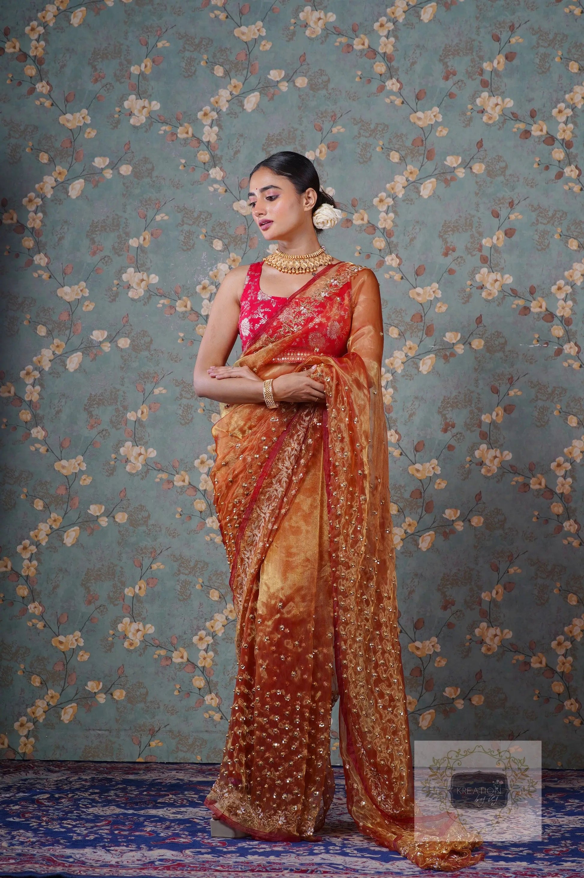 Liquid Gold Glass Tissue Badan Pe Sitare Saree kreationbykj