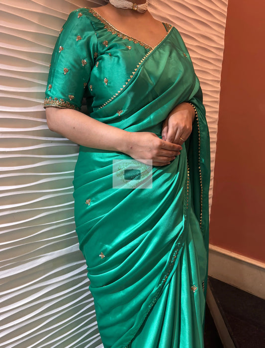 Jade Green Designer bridal Satin Silk Saree - kreationbykj