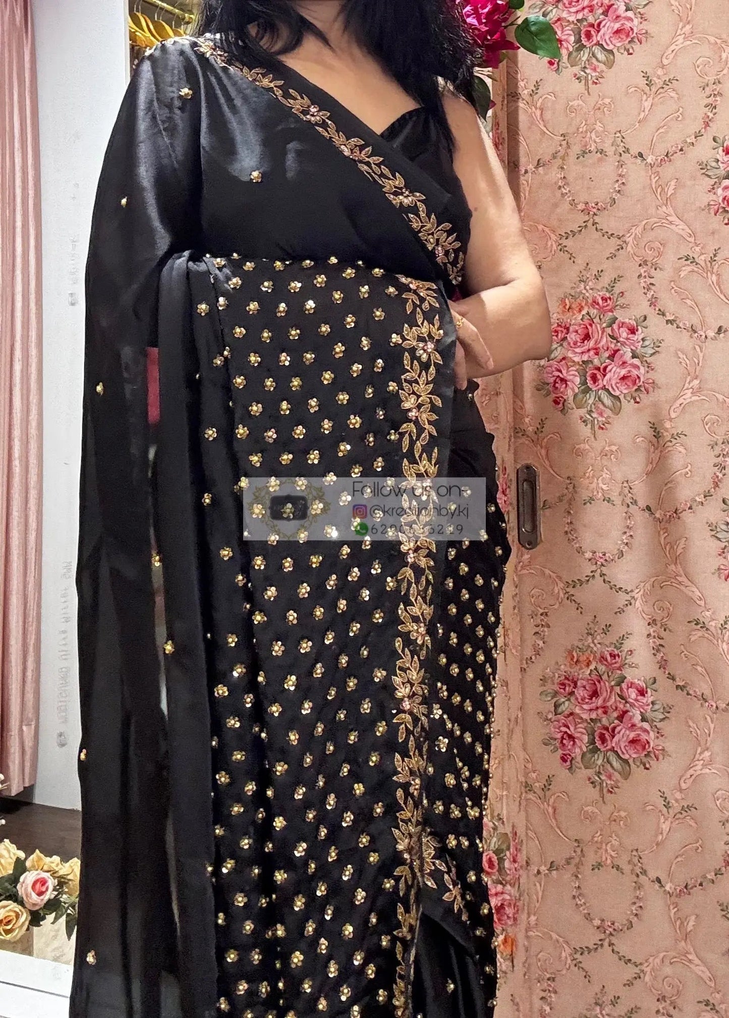 Black Crepe Silk Badan Pe Sitare Cocktail  Saree kreationbykj