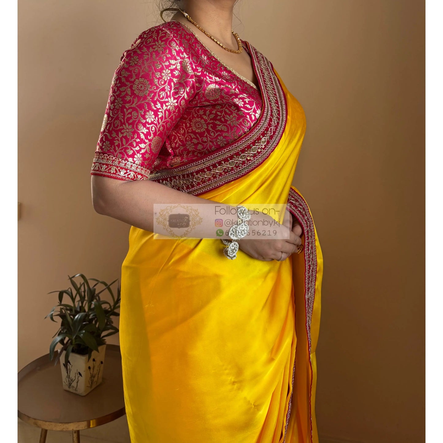 Yellow Satin Silk Saree with Pink Border - kreationbykj