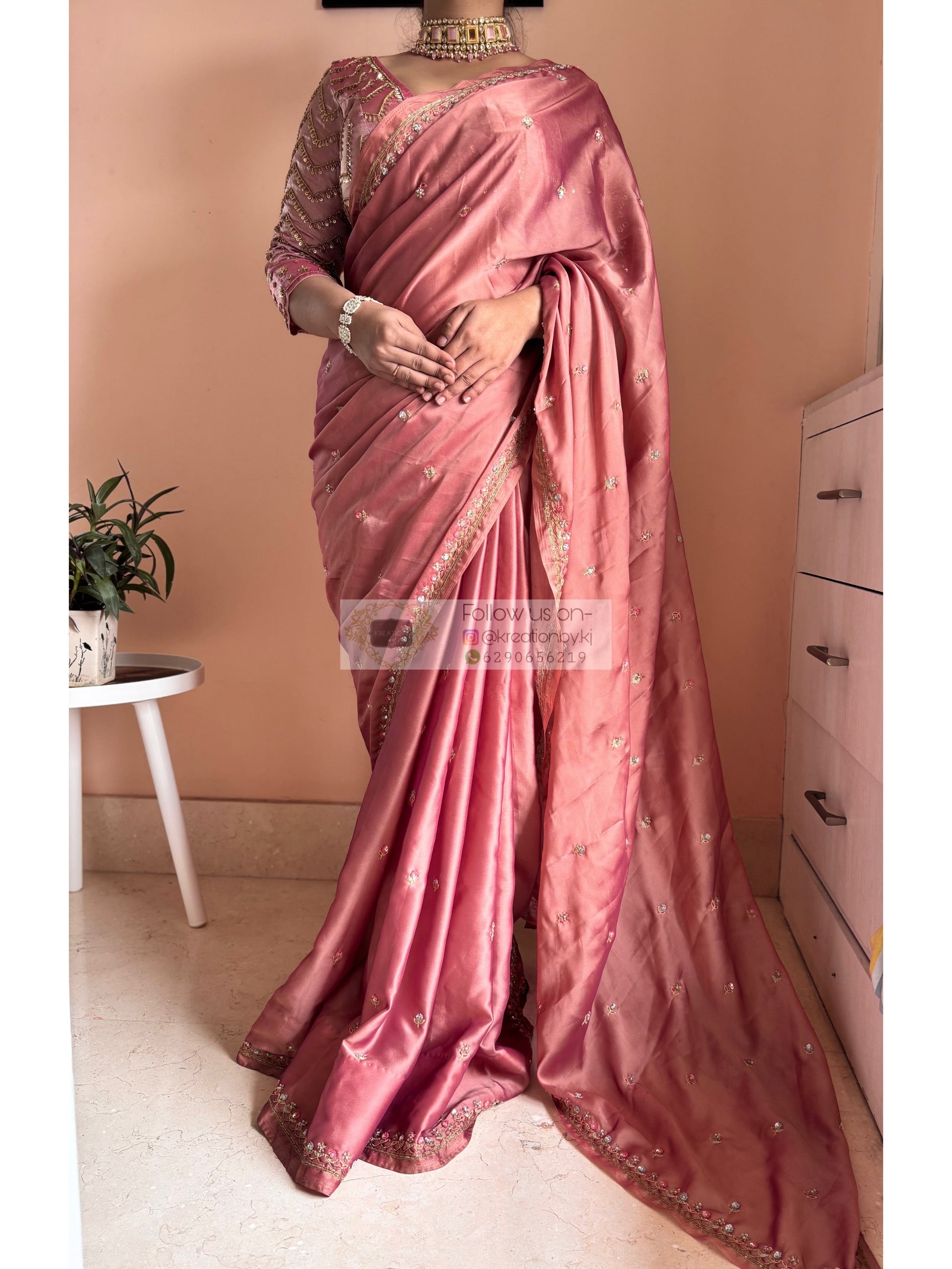 Summer Mauve Pink Handembroidered Saree Kreation by KJ
