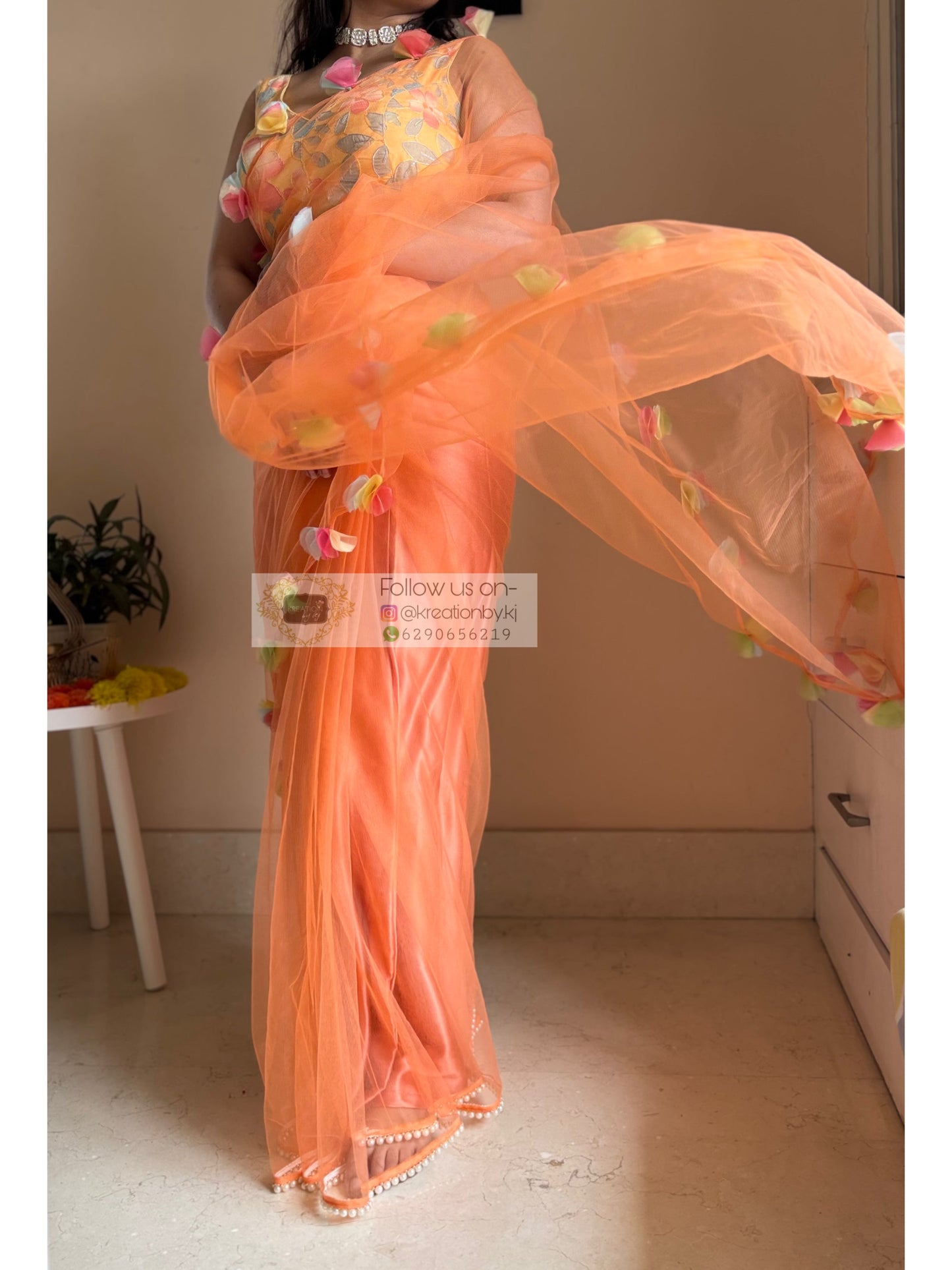 My Sassy Girl Orange Net Saree
