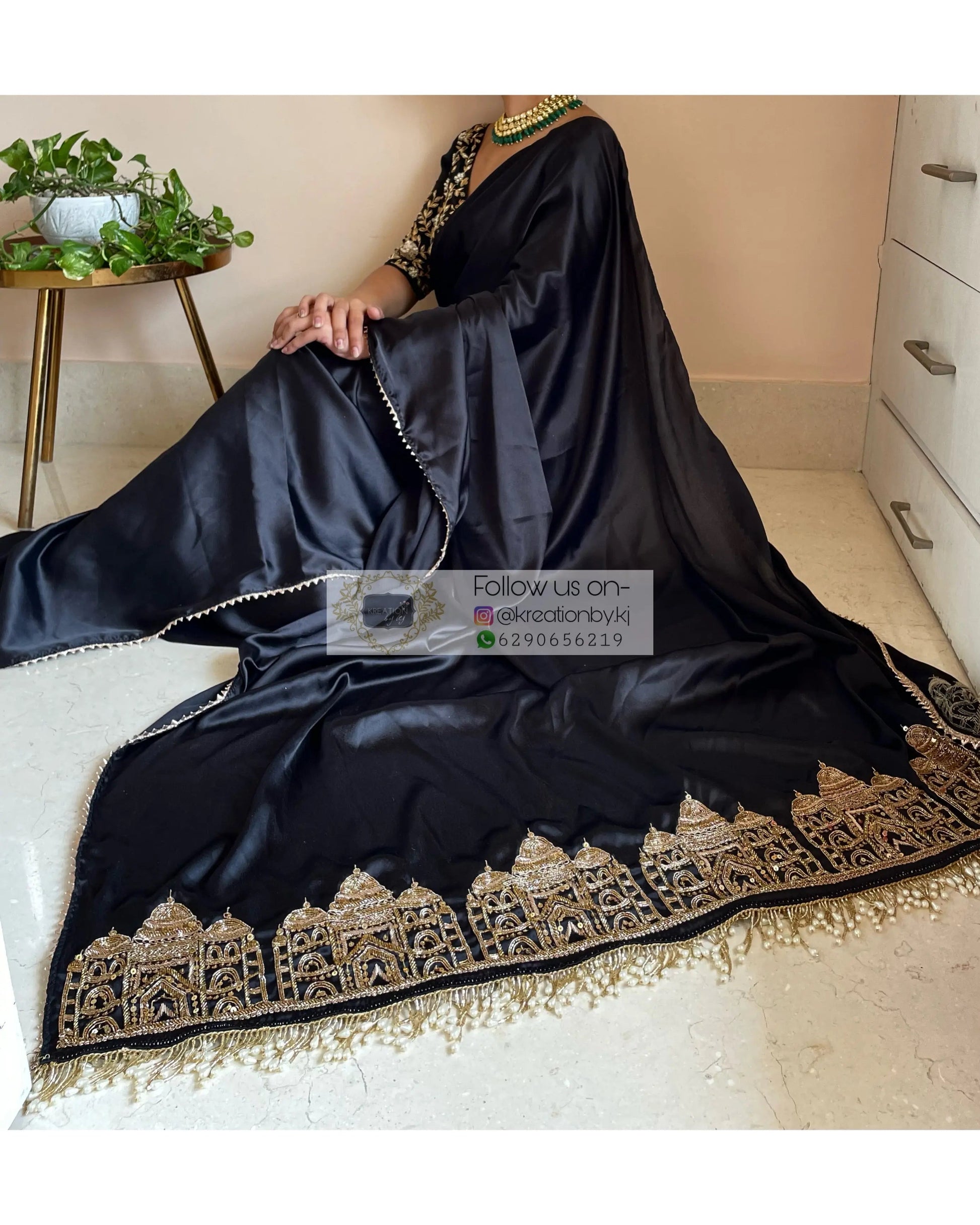 Black Satin Silk Taj Mahal Saree - kreationbykj
