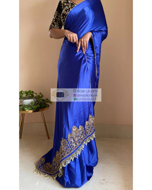 Royal Blue Satin Silk Taj Mahal Saree - kreationbykj