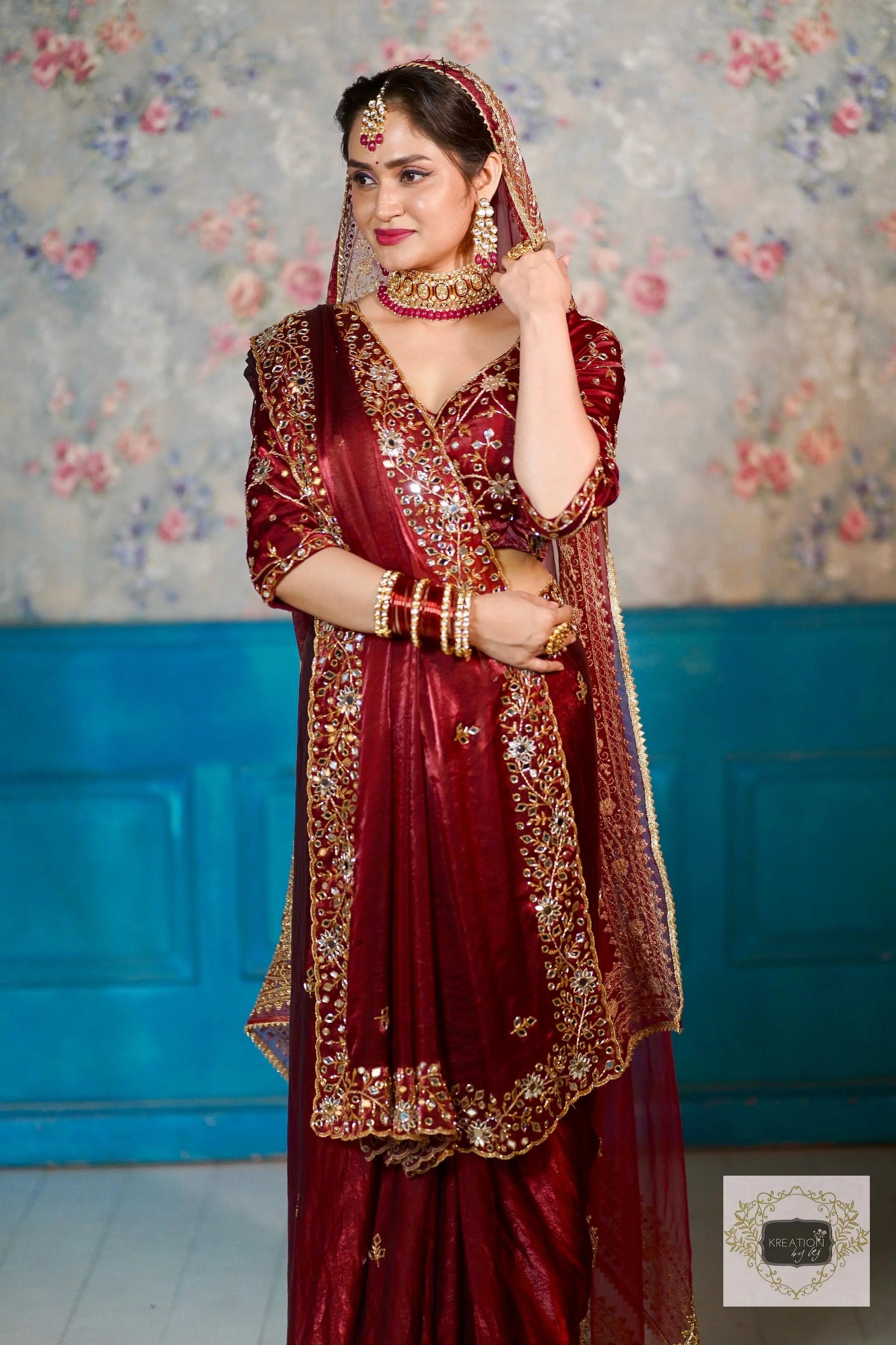 Maroon Sheesh Mahal Saree kreationbykj