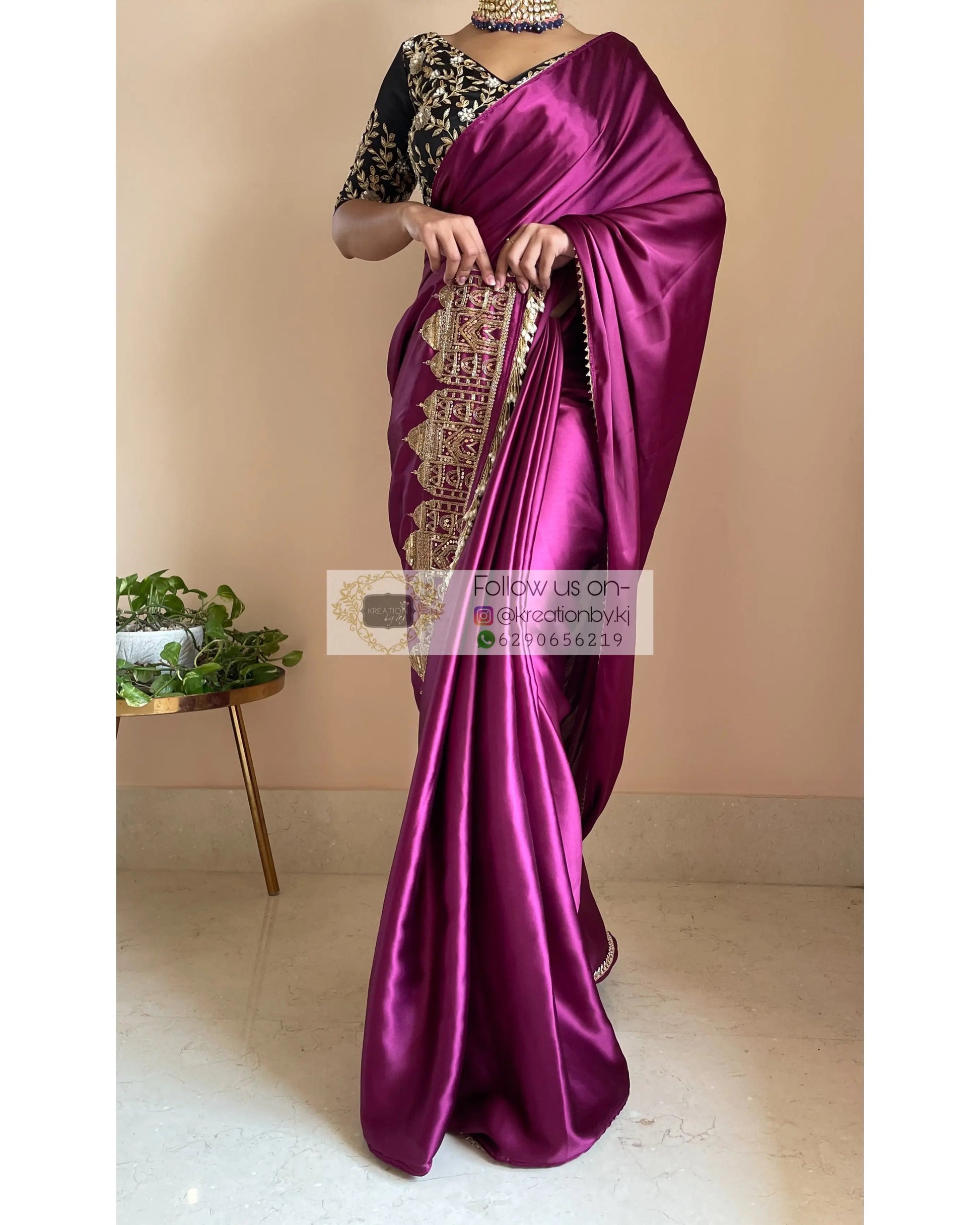 Dark Purple Satin Silk Taj Mahal Saree - kreationbykj