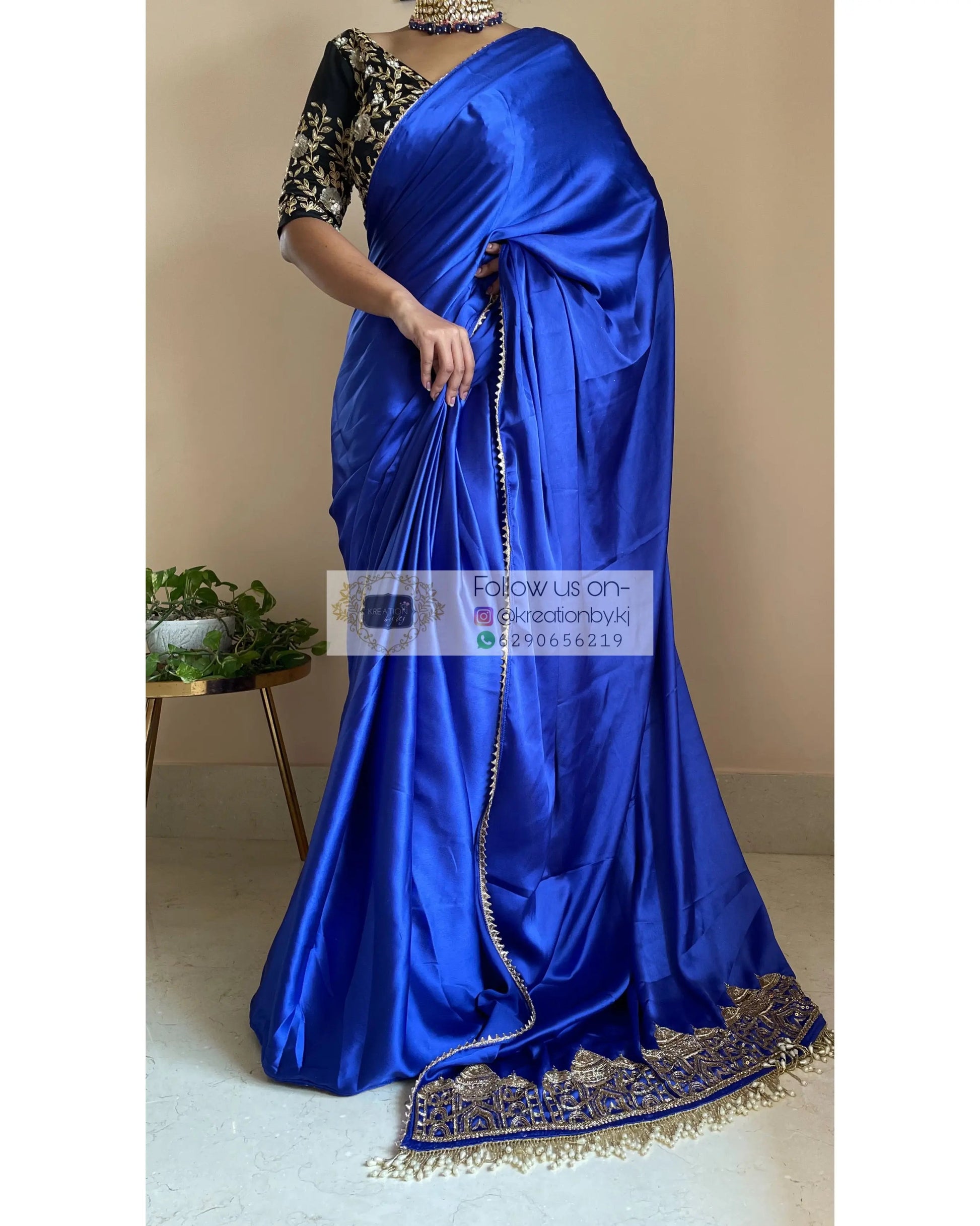 Royal Blue Satin Silk Taj Mahal Saree - kreationbykj