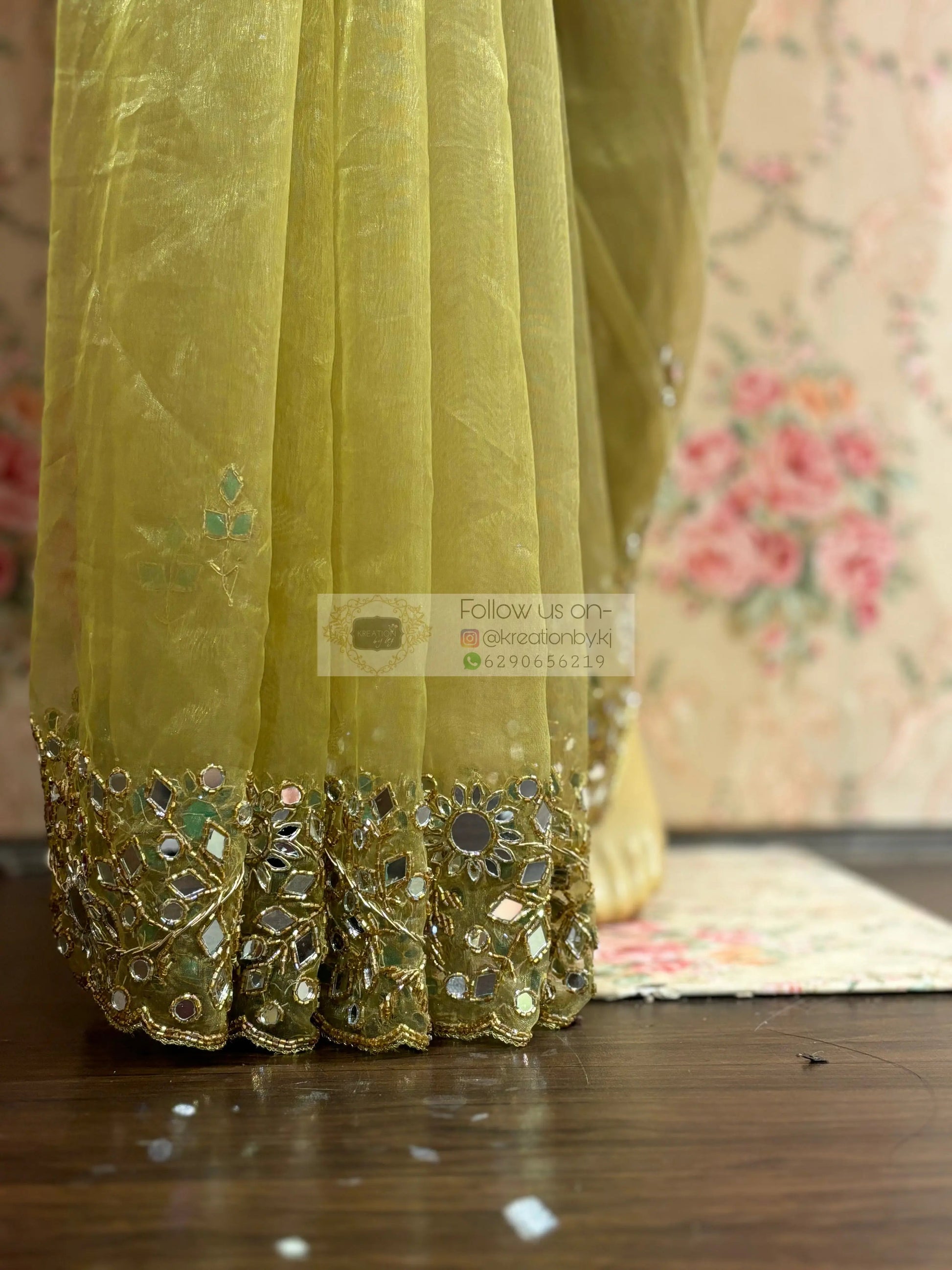 Pista Green Sheesh Mahal Mirror Work Saree kreationbykj