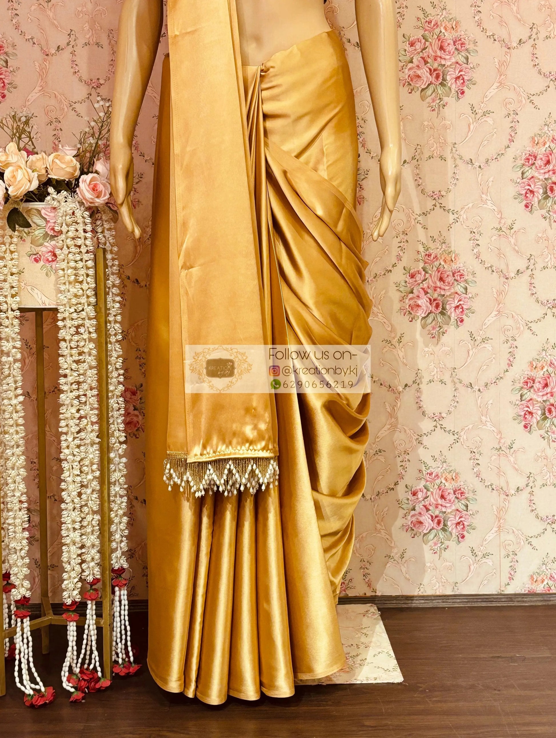 Champagne Gold Satin Saree kreationbykj