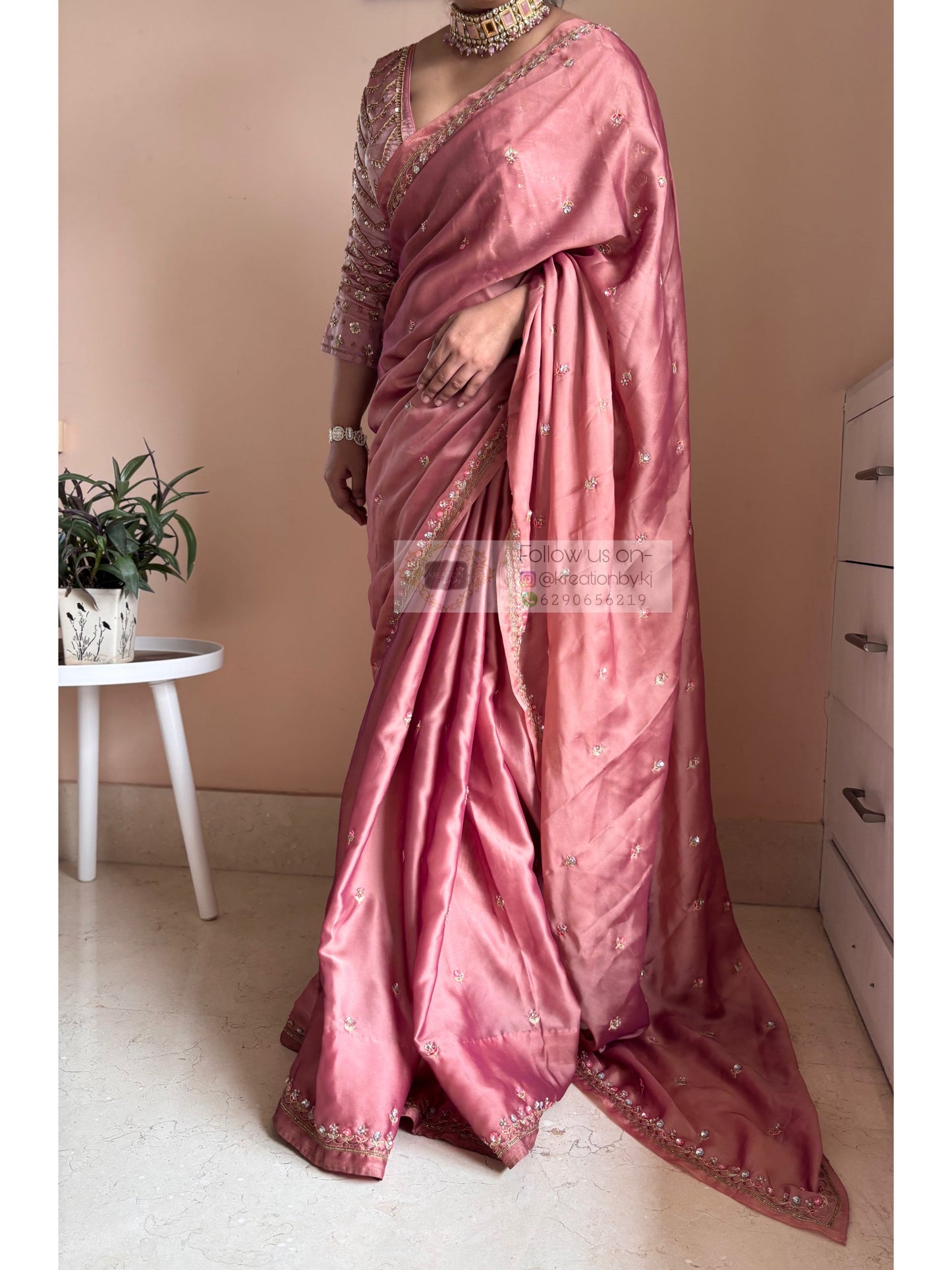 Summer Mauve Pink Handembroidered Saree Kreation by KJ