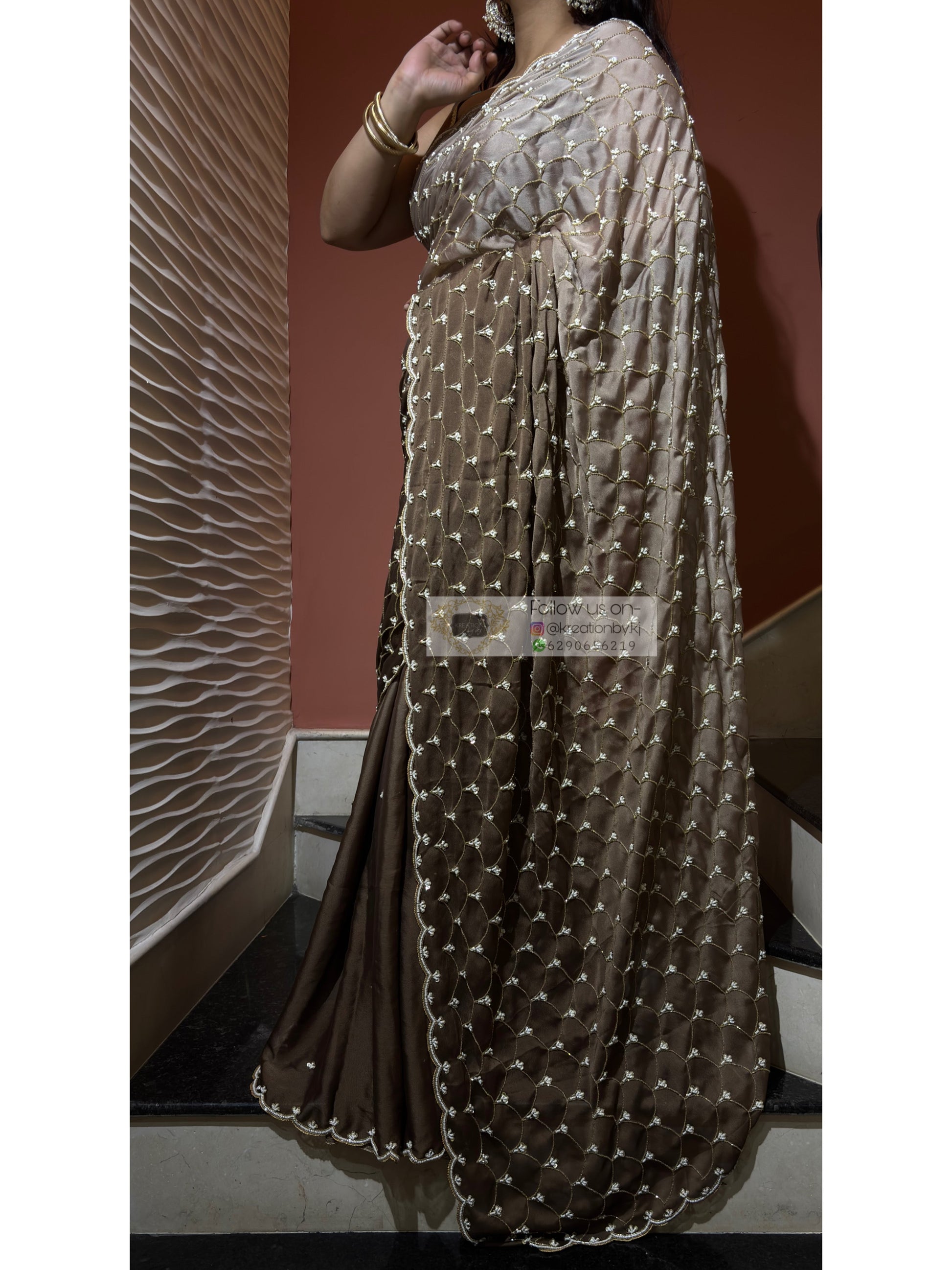 Brown Ombre Cutdana Mehraab Jaal Cocktail Saree kreationbykj