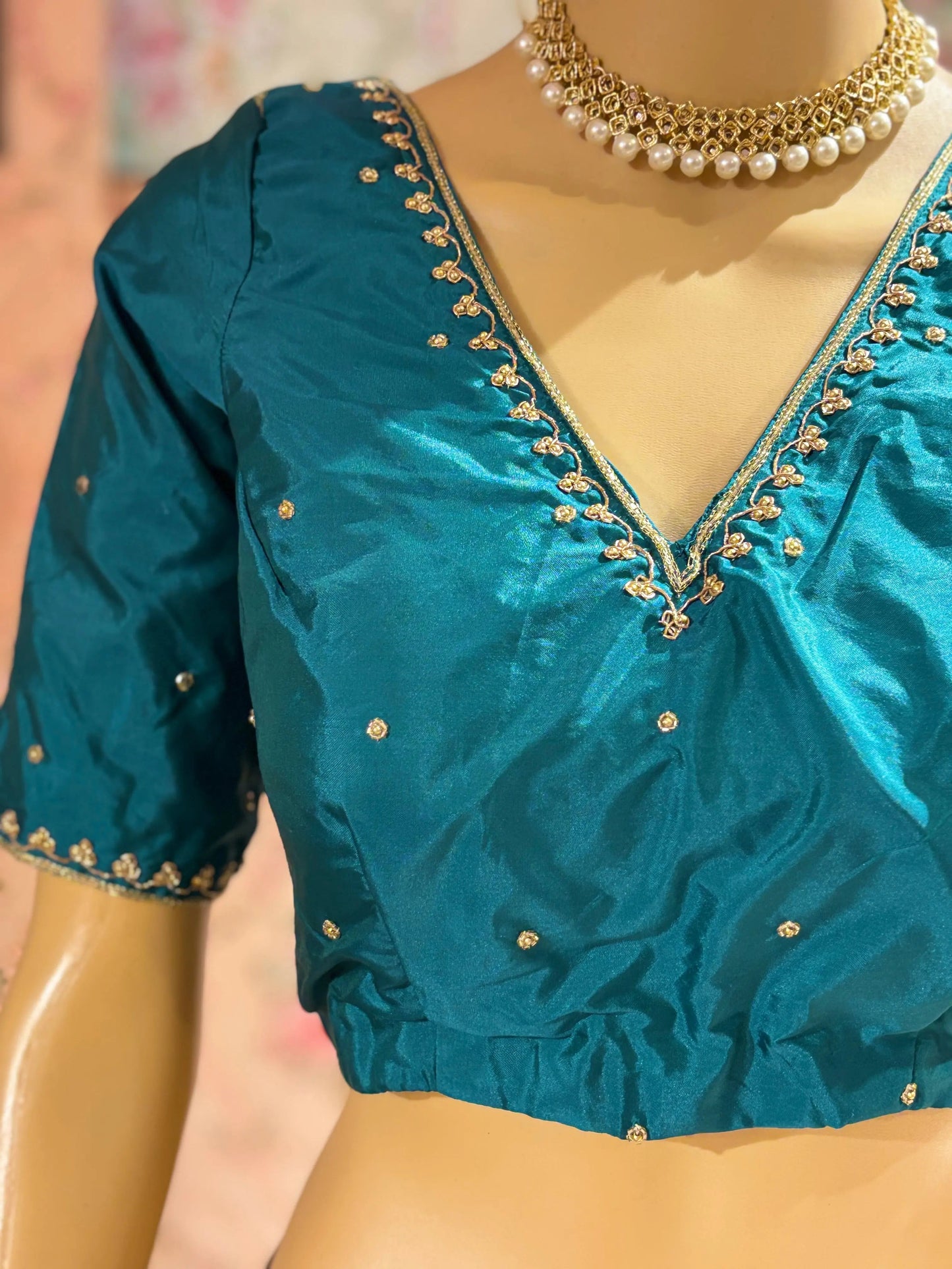 Teal Blue Silk Blouse With Embroidery kreationbykj