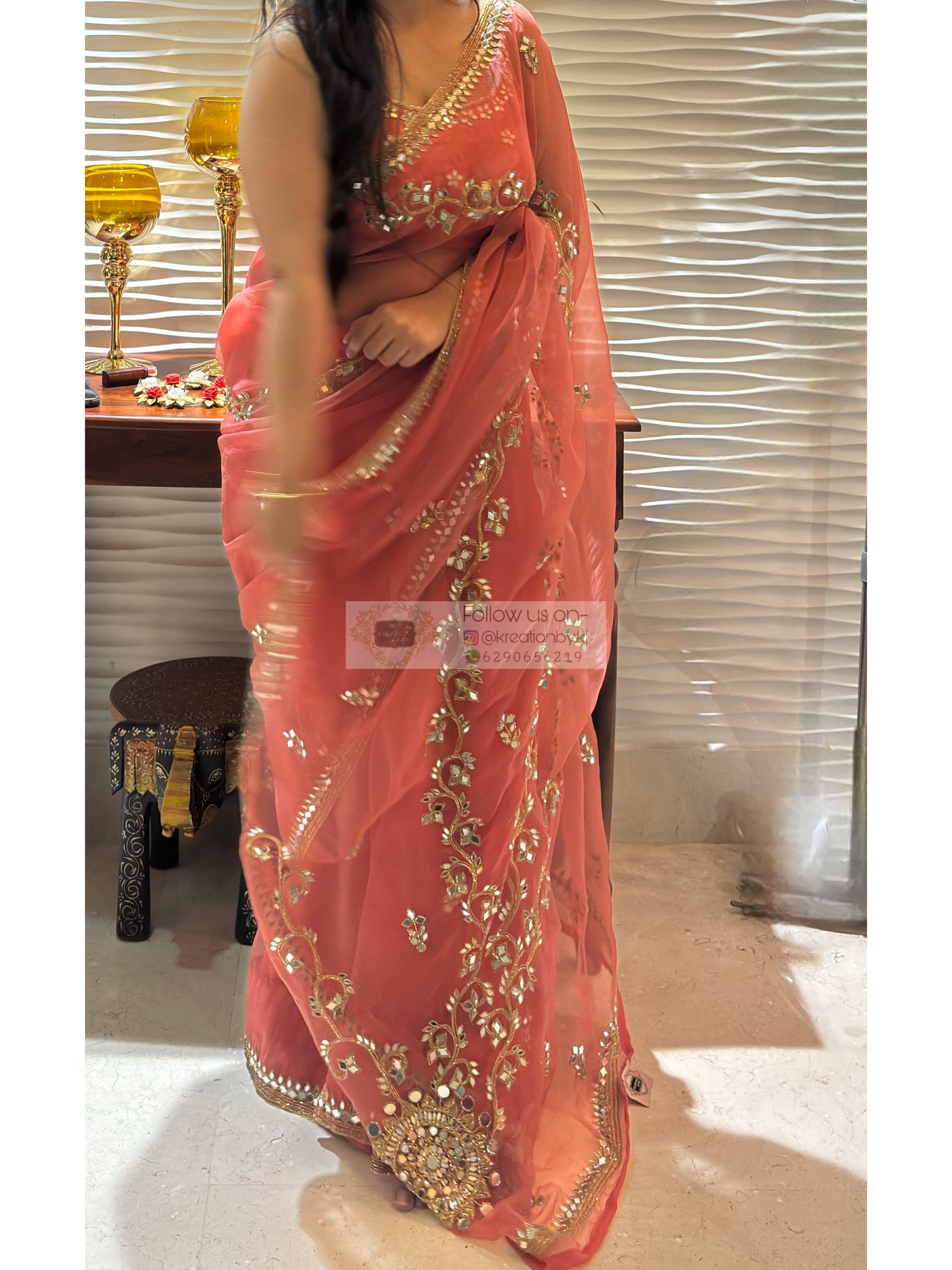 Peach Sheesh Leher Real Mirror Cutwork Saree for My Desi Girl Kreation by KJ