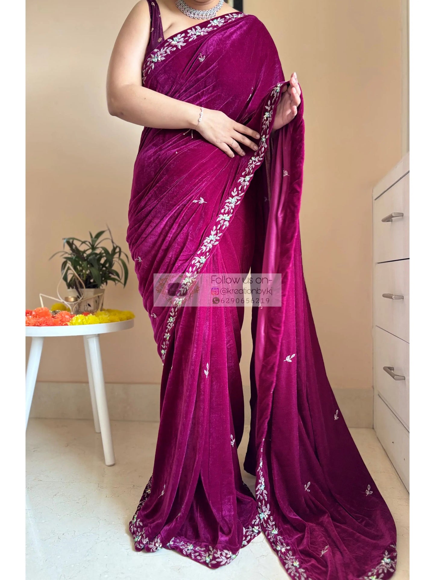 Purple Wine Velvet Chandani Saree with Cutdana Work Kreation by KJ