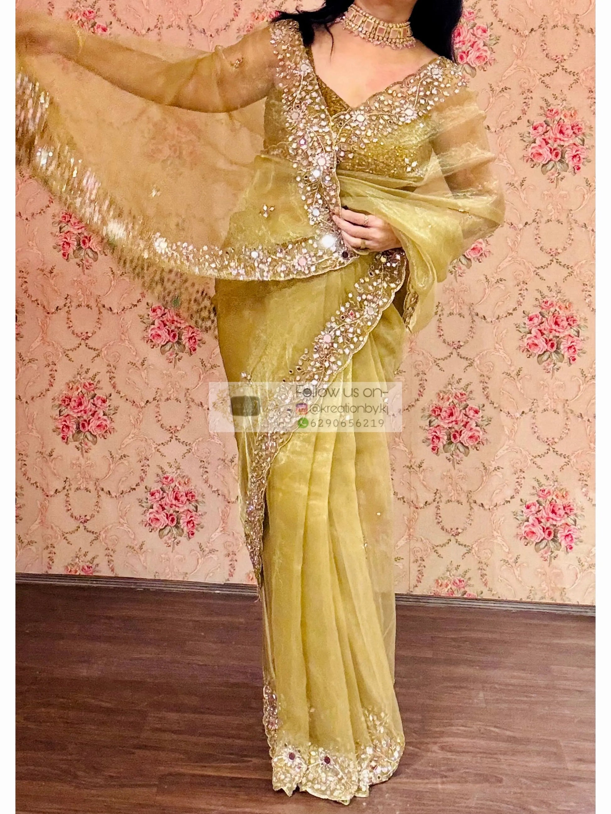 Pista Green Sheesh Mahal Mirror Work Saree kreationbykj