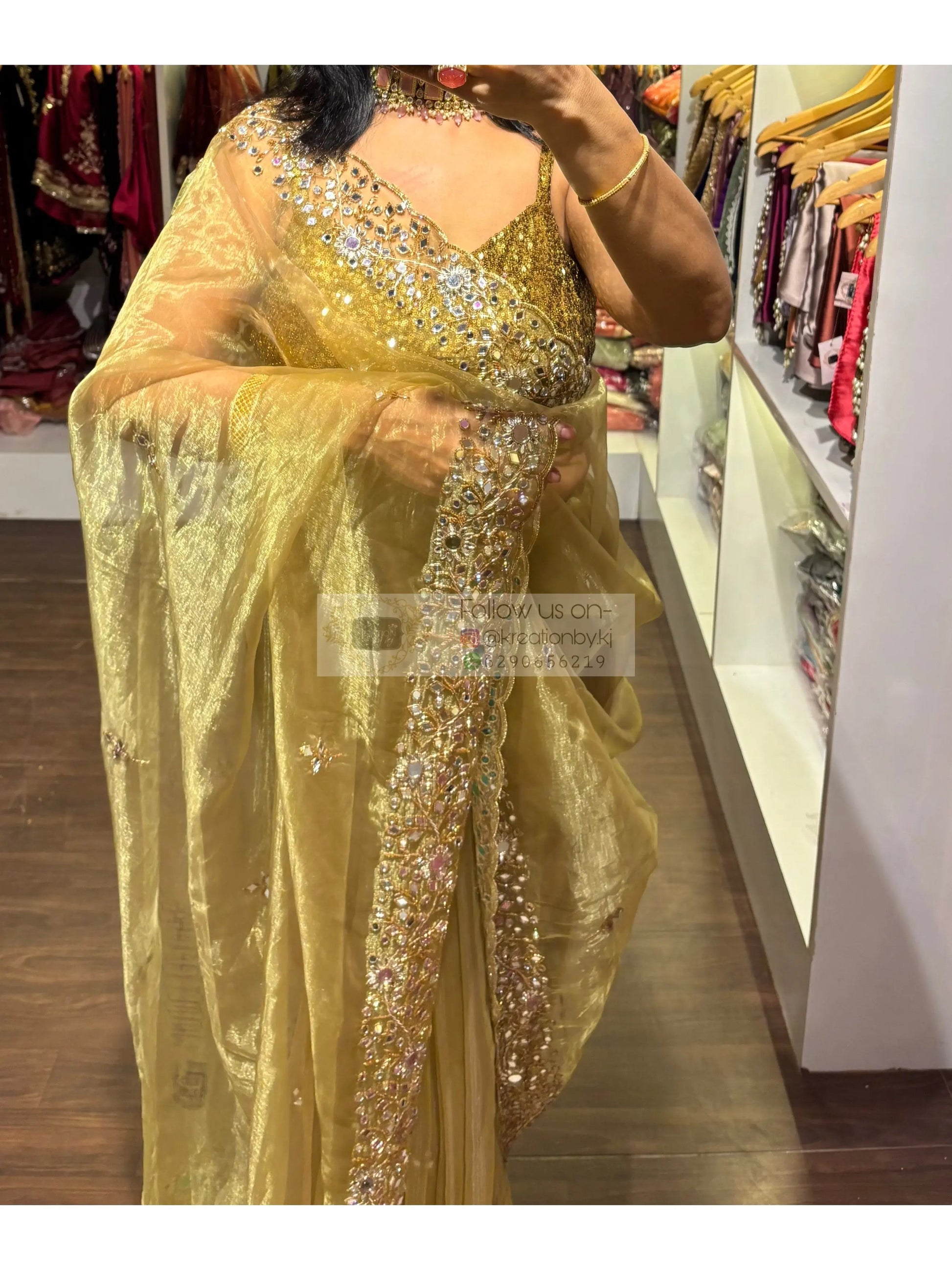 Pista Green Sheesh Mahal Mirror Work Saree kreationbykj