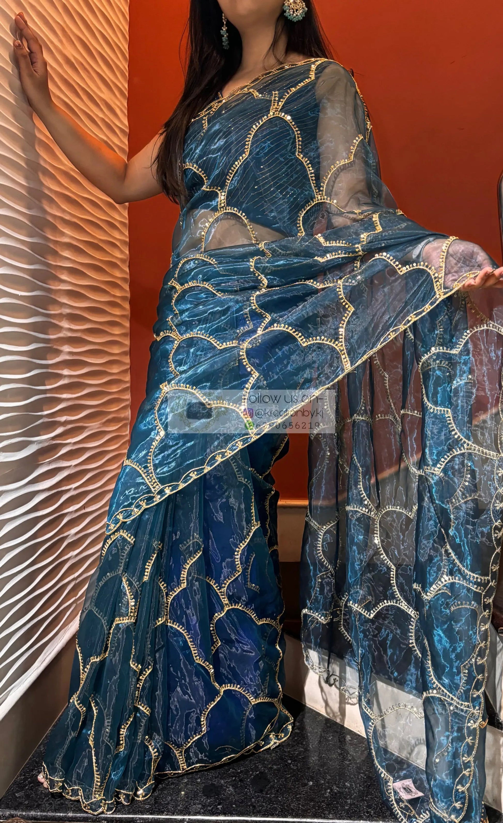 Cobalt Blue Chaudhvin ka Chand Saree for Wedding kreationbykj