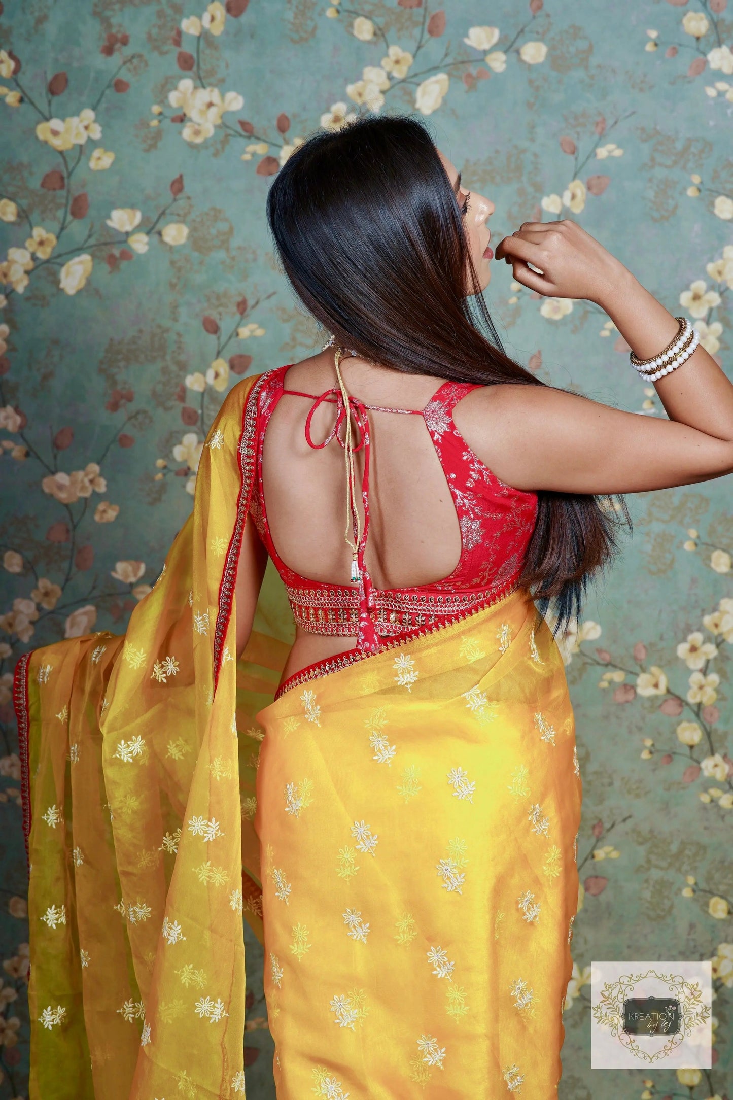 Yellow Snow Drop Organza saree For Haldi kreationbykj