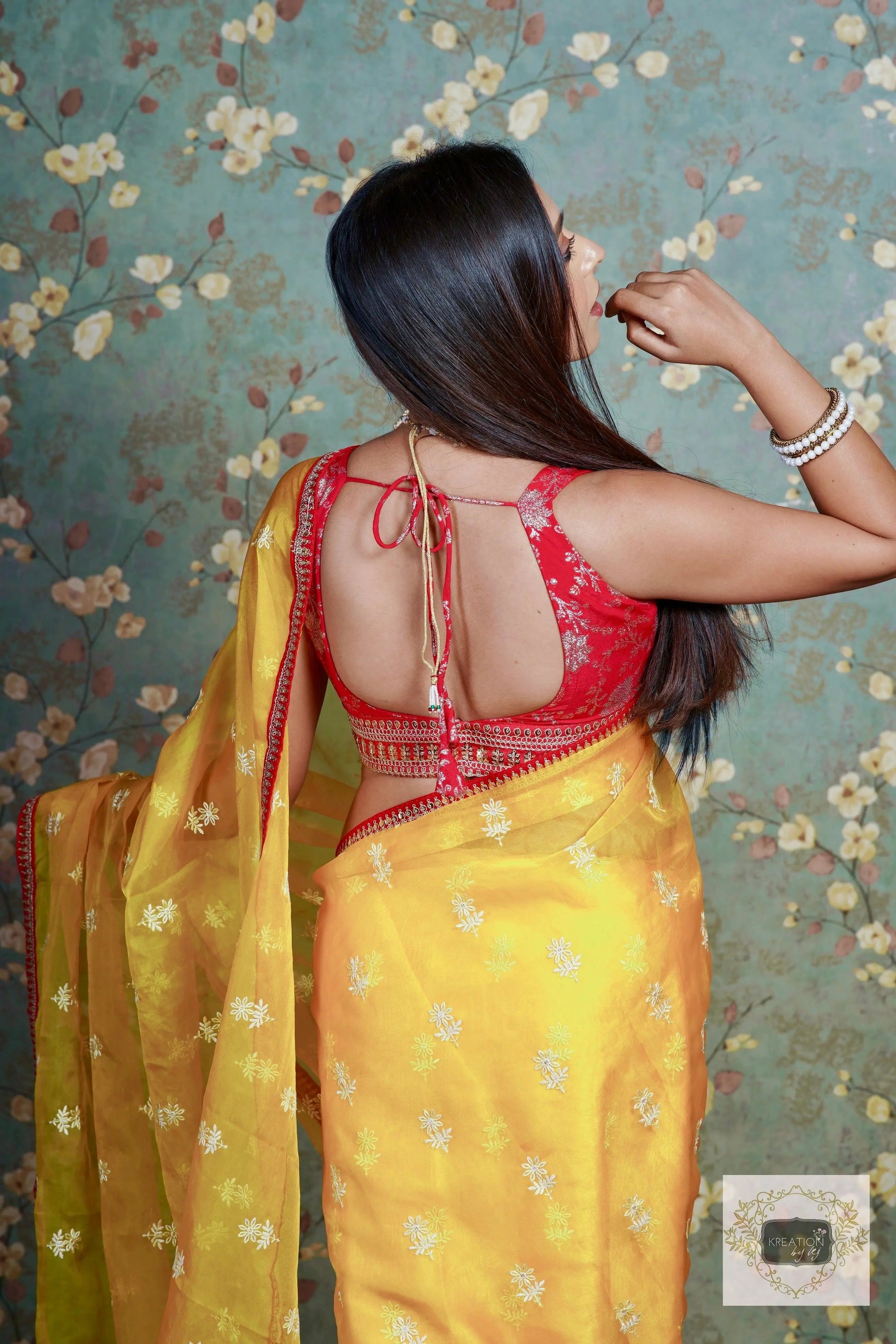 Yellow Snow Drop Organza saree For Haldi kreationbykj