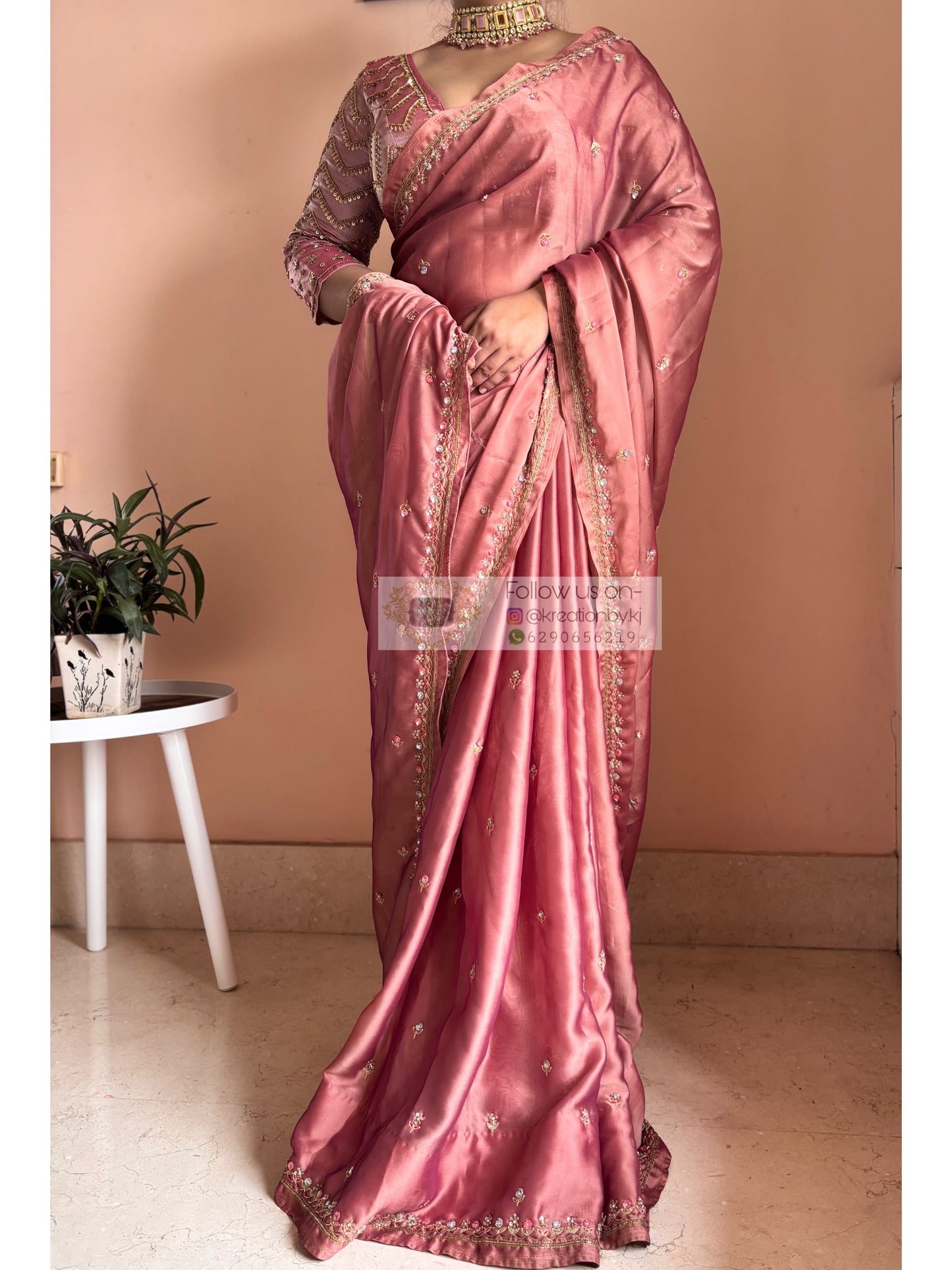 Summer Mauve Pink Handembroidered Saree Kreation by KJ
