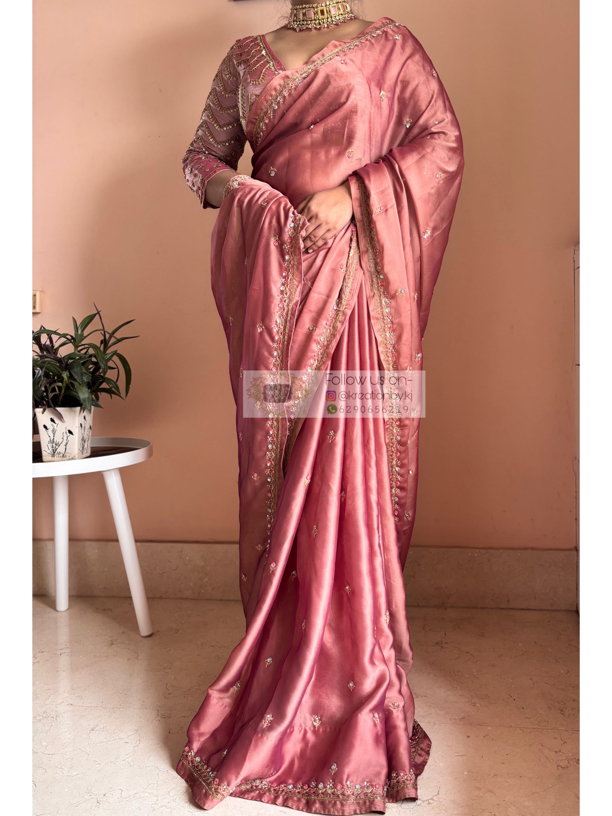 Summer Mauve Pink Handembroidered Saree Kreation by KJ